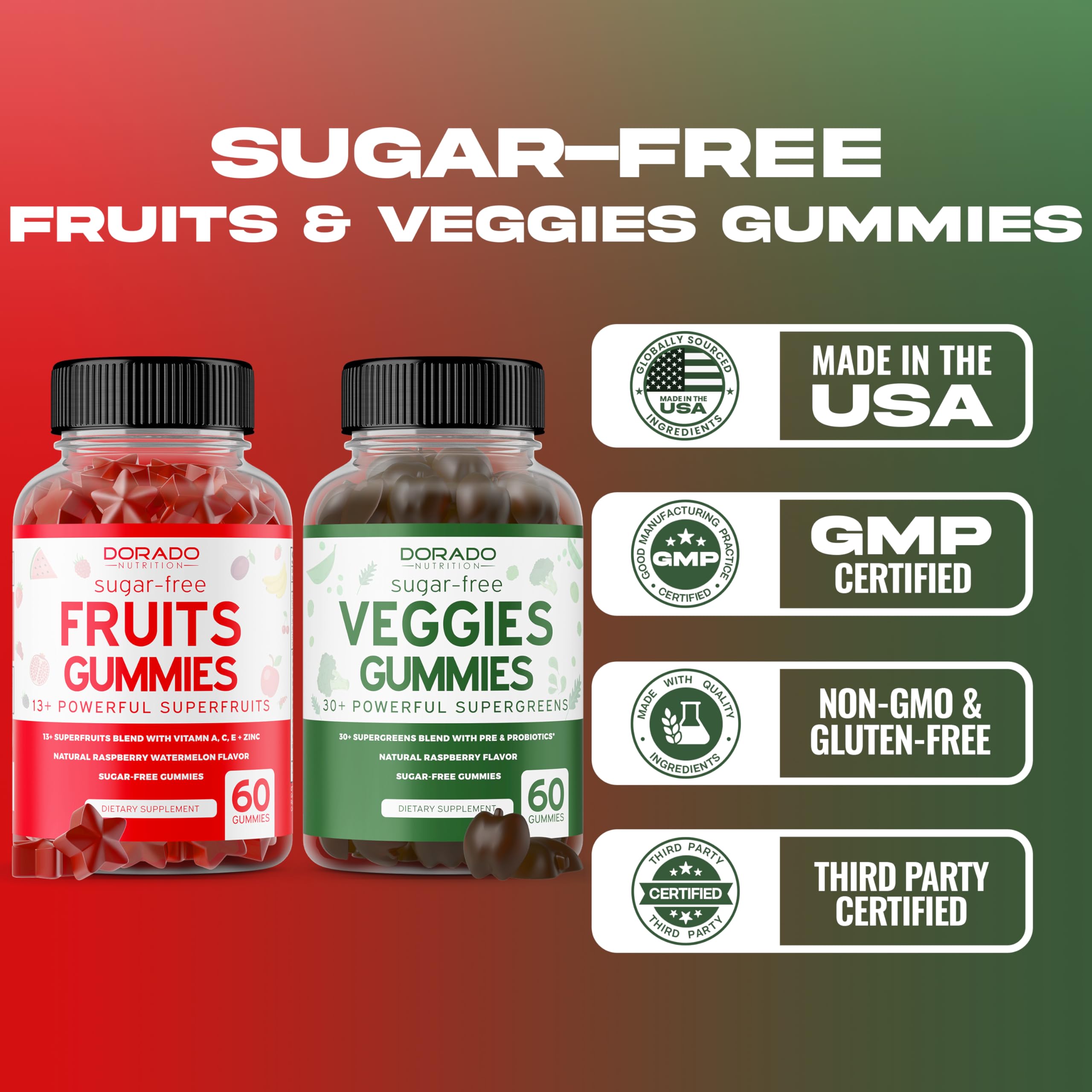 Fruit and Veggies Supplement (120 Gummies) - Premium Sugar-Free Superfood Super Green & Fruit Gummies for Adults - Immunity Support for Men & Women - Non GMO, Vegan Safe & Made in USA DORADO NUTRITION Au supplements