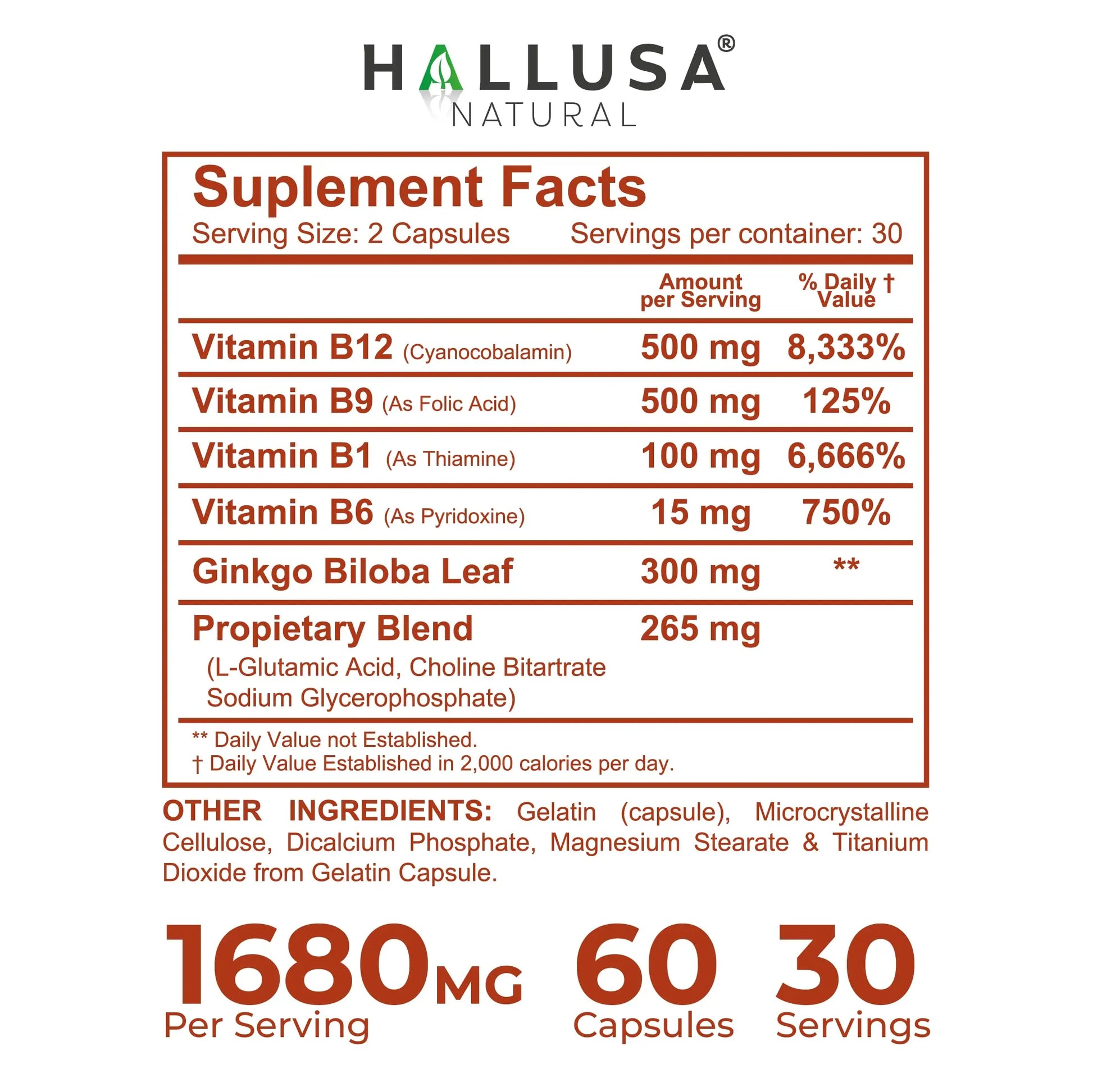 Hallusa Natural Brain Health Supplement Capsules 1680mg, Ginkgo Biloba, B Vitamins & Choline, Memory & Focus Support, Brain Booster for Men & Women, 60 Count Hallusa Natural Au supplements