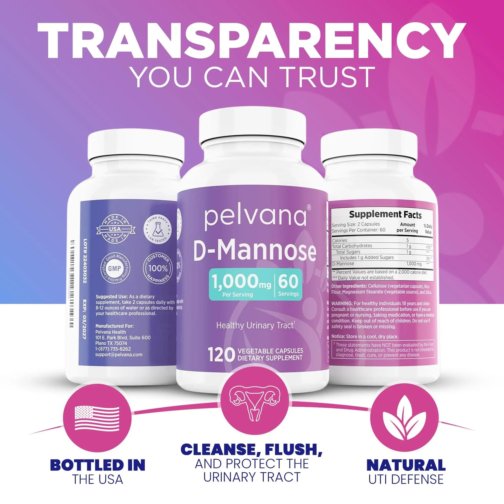 Pelvana D-Mannose 120 Capsules (500mg Each) – 1000mg per Serving – Assists & Maintains Healthy Urinary Tract, Flushes Impurities, Pure Ingredients, Gluten-Free – Third-Party Lab Tested, Made in USA Pelvana Au supplements