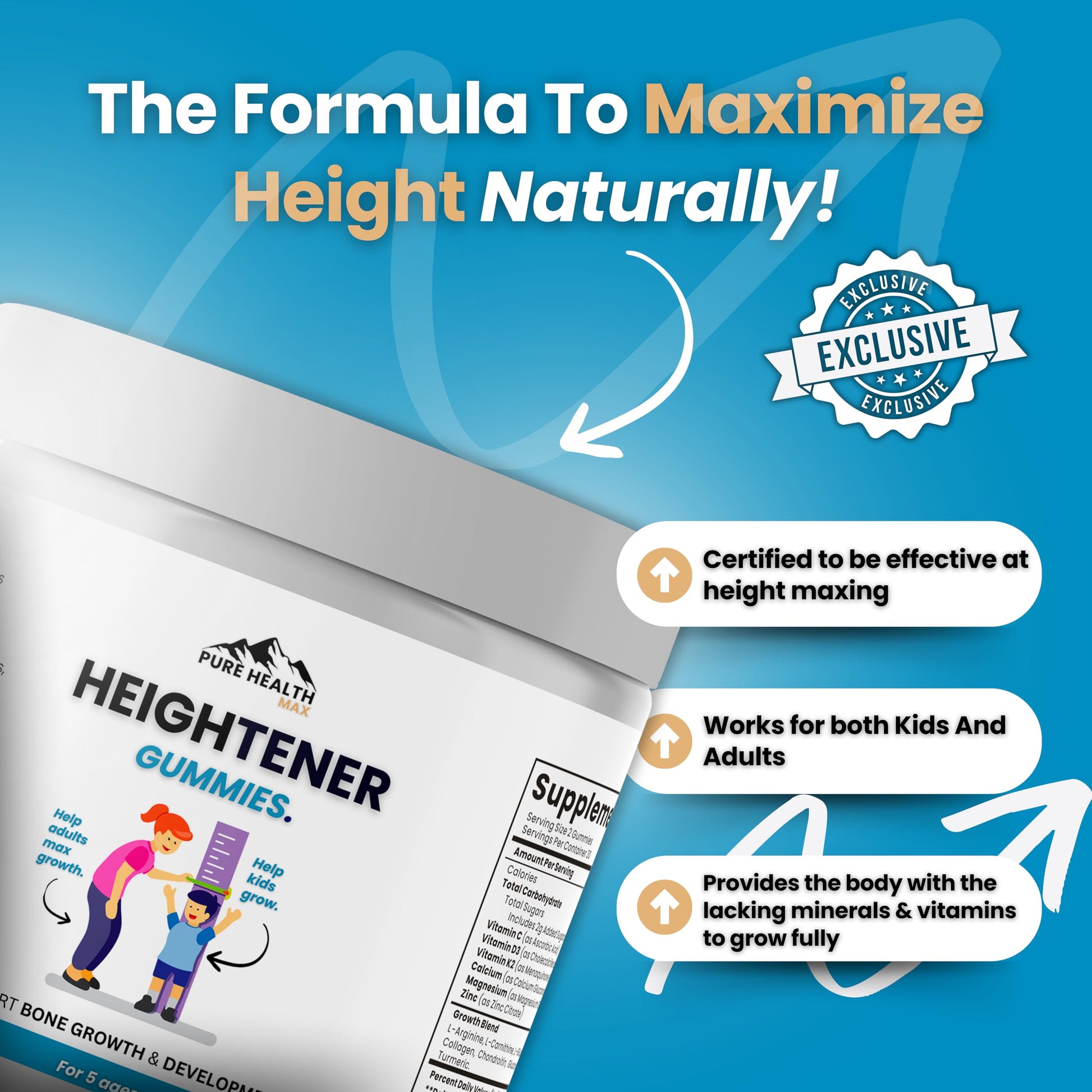 Heightener Gummies - Natural Height Growth Supplement for Kids, Teens and Adults to Increase Bone Strength and Grow Tall | Height Maximizer Pills with L-Arginine, Calcium & Zinc | 60 Gummy PURE HEALTH MAX Au supplements