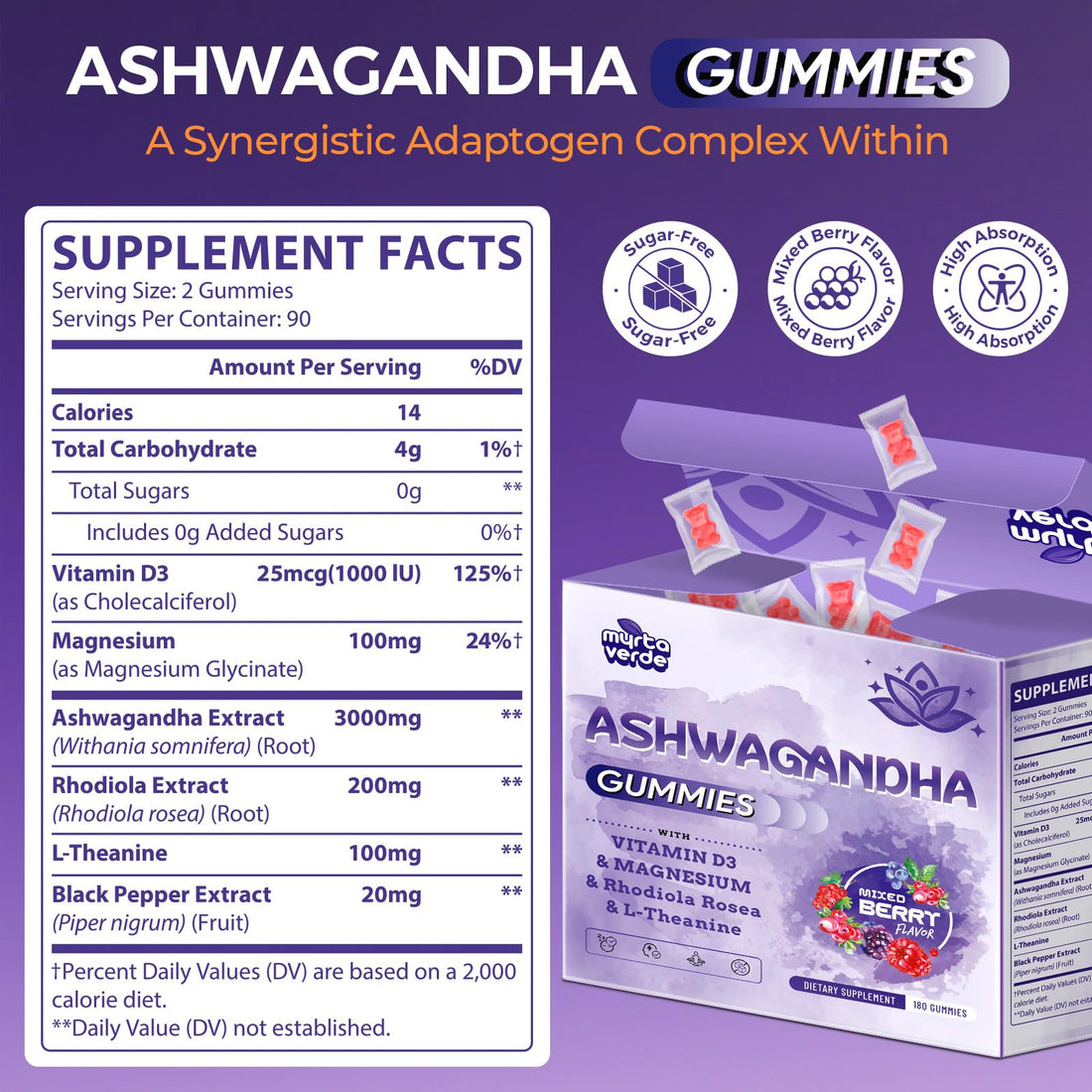 3000mg Ashwagandha Gummies for Women & Men, 180 Count | Extra Strength Ashwagandha Supplement for Stress, Relaxation & Immune Support | Magnesium, Rhodiola, L-Theanine, D3 | Sugar Free Mixed Berry Myrtaverde Au supplements