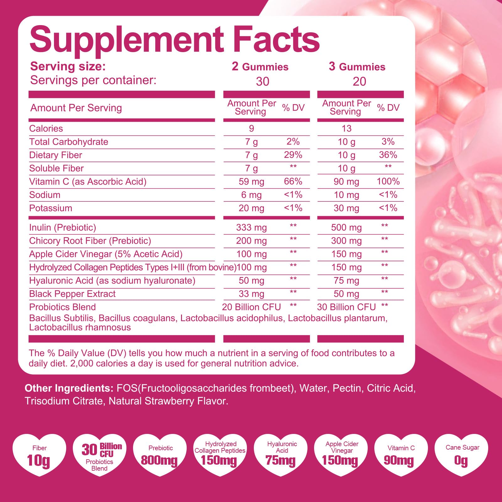 Migcopat 10G Fiber Gummies with Collagen Peptides, Hyaluronic Acid, Vitamin C, ACV, 30 Billion CFU Probiotics – Sugar Free Collagen Gummy for Skin, Hair & Nails