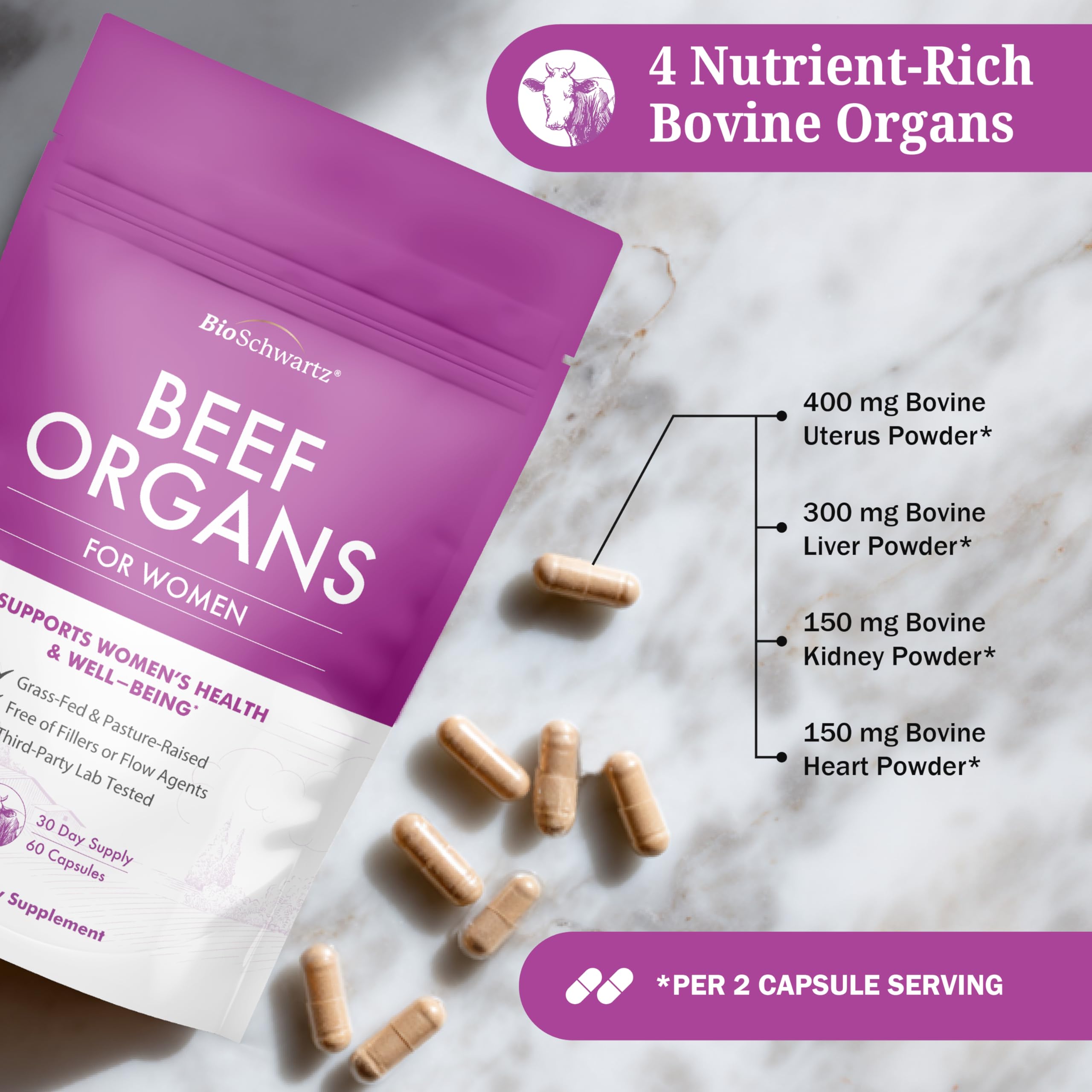BioSchwartz Primal Beef Organ Supplement for Women - 60 Capsules - Grass-Fed & Pasture-Raised - Supports Healthy Hair Skin and Nails, Hormone Balance - with Bovine Liver, Kidney, Heart, Uterus Powder BioSchwartz Au supplements