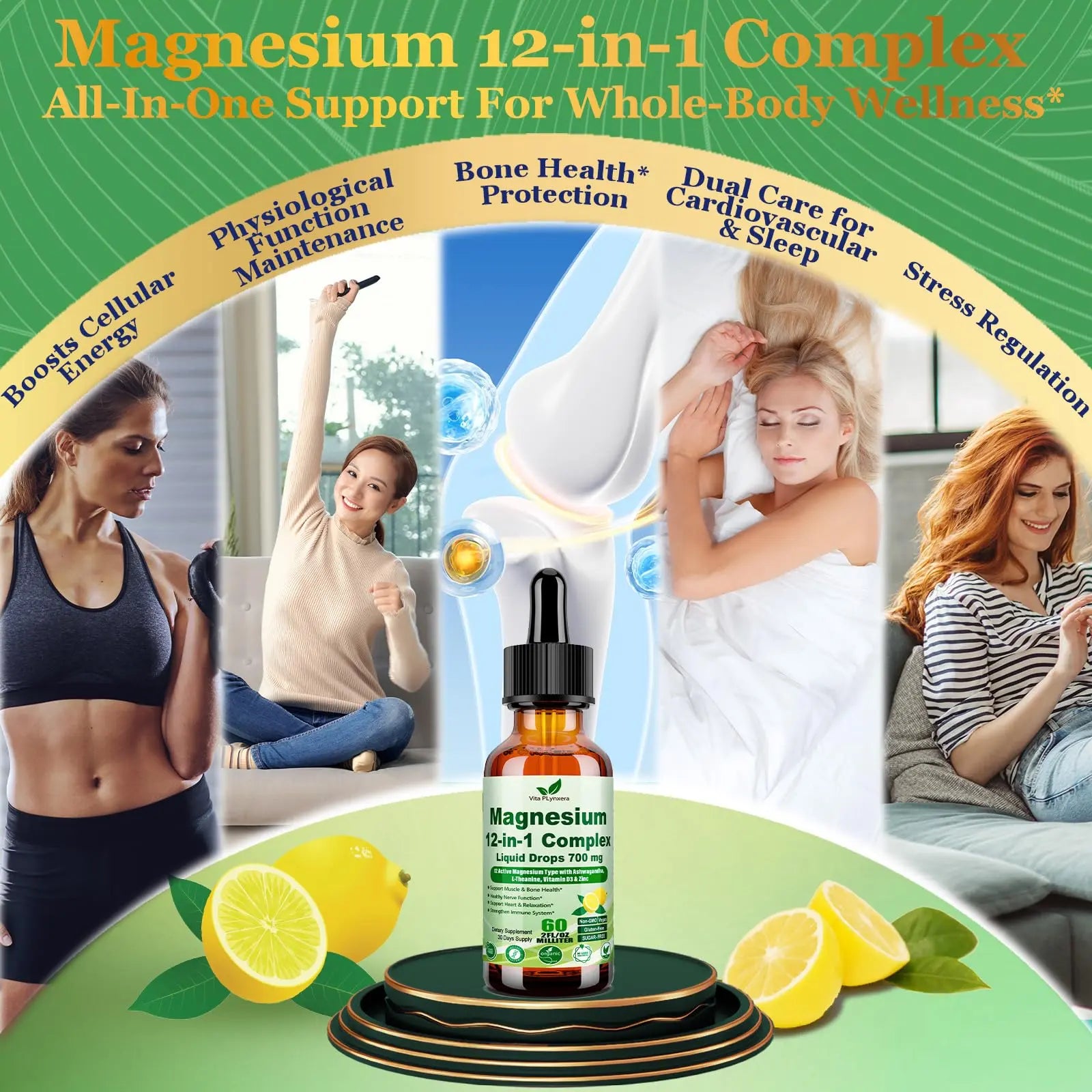 12-in-1 Magnesium Complex Liquid Drops, Chelated Magnesium Citrate Glycinate Taurate Malate Aspartate w. Ashwagandha Theanine D3 & Zinc for Relaxation Sleep Immune Health & Muscle Function丨Women Men. Vita PLynxera Au supplements