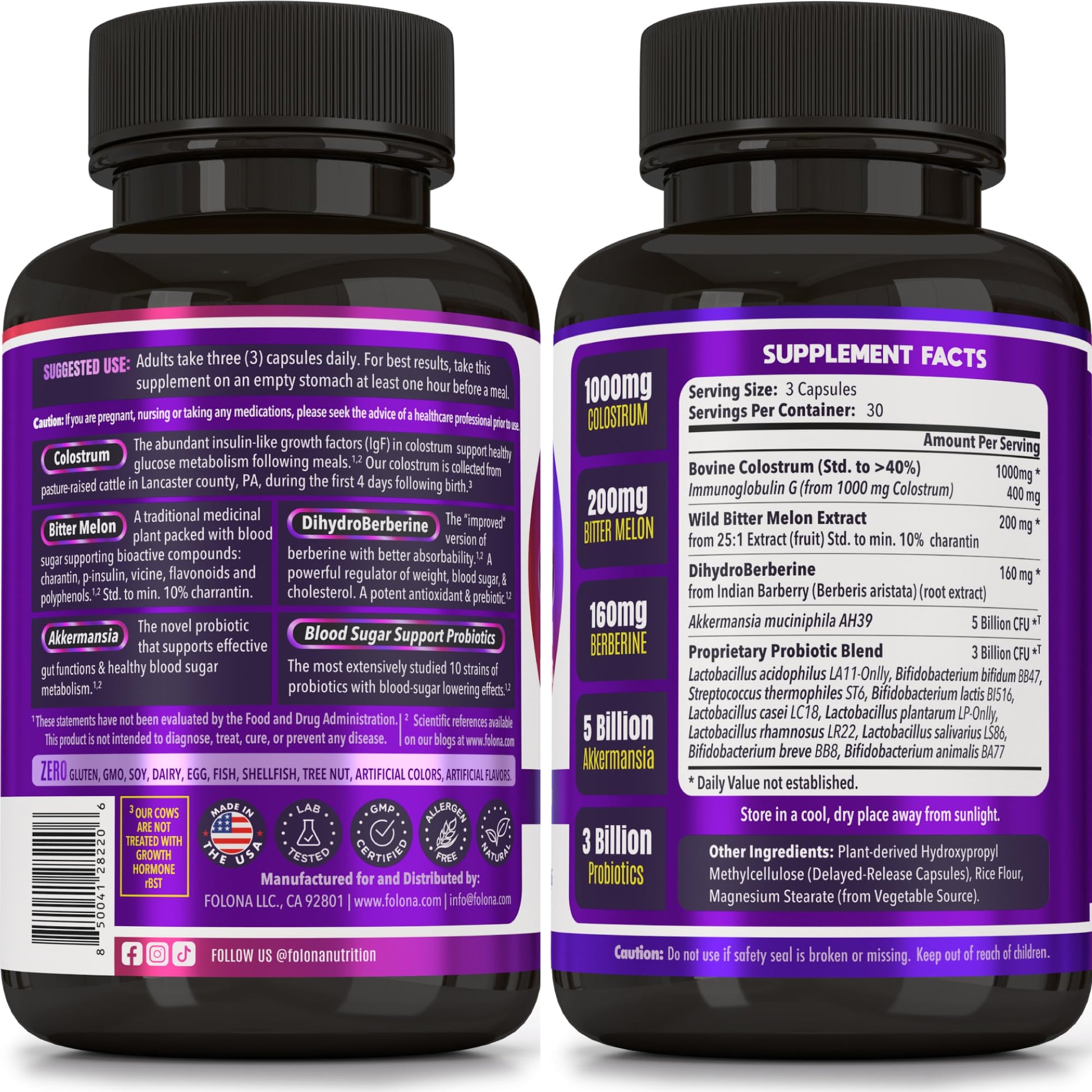 Blood Sugar Support Colostrum Supplement w/ Bitter Melon, Probiotics Blend w/ Akkermansia & Prebiotic Berberine | For Healthy Blood Glucose, Metabolism, Gut & Immunity | 90 Delayed Release Vegan Caps FOLONA Au supplements
