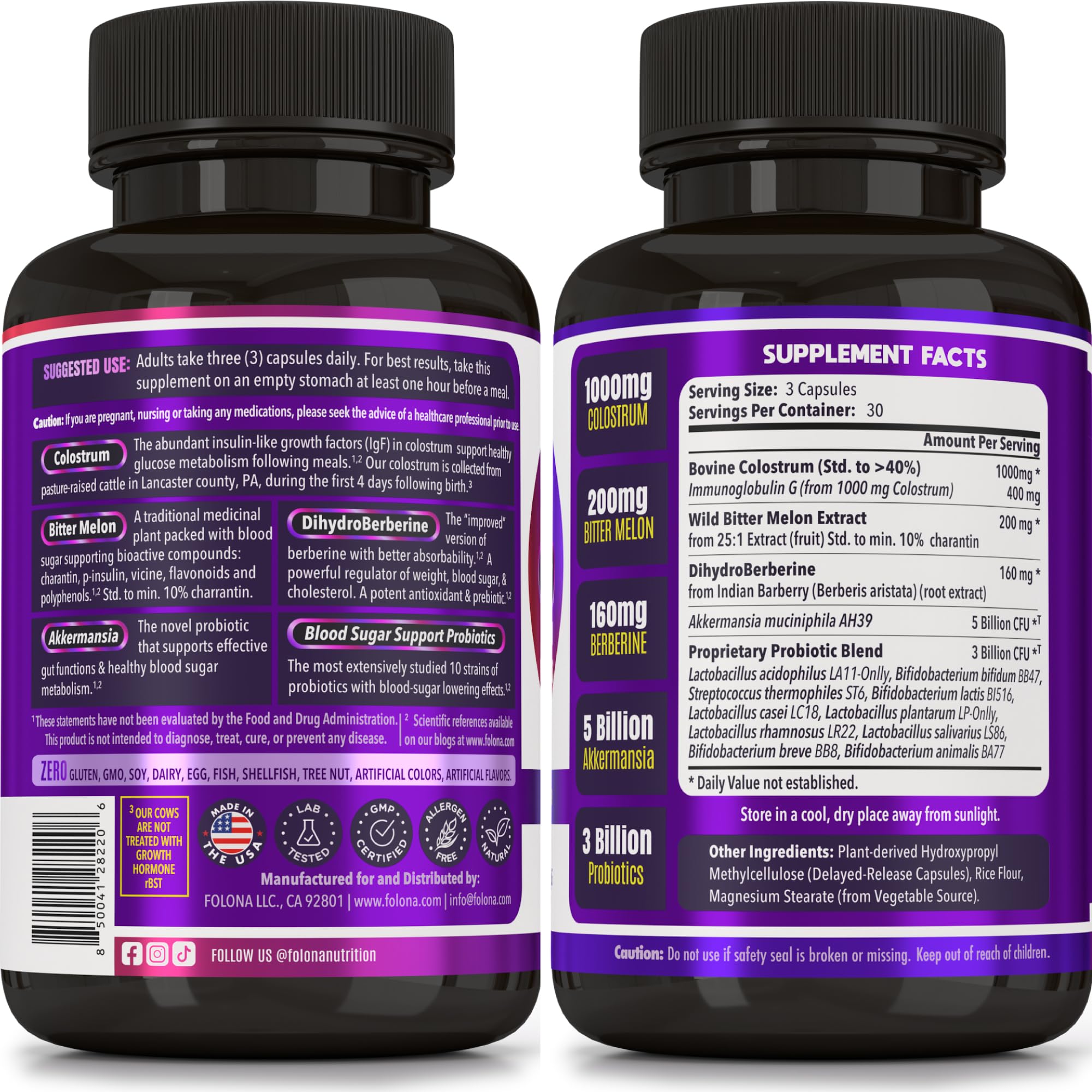 Blood Sugar Support Colostrum Supplement w/ Bitter Melon, Probiotics Blend w/ Akkermansia & Prebiotic Berberine | For Healthy Blood Glucose, Metabolism, Gut & Immunity | 90 Delayed Release Vegan Caps FOLONA Au supplements