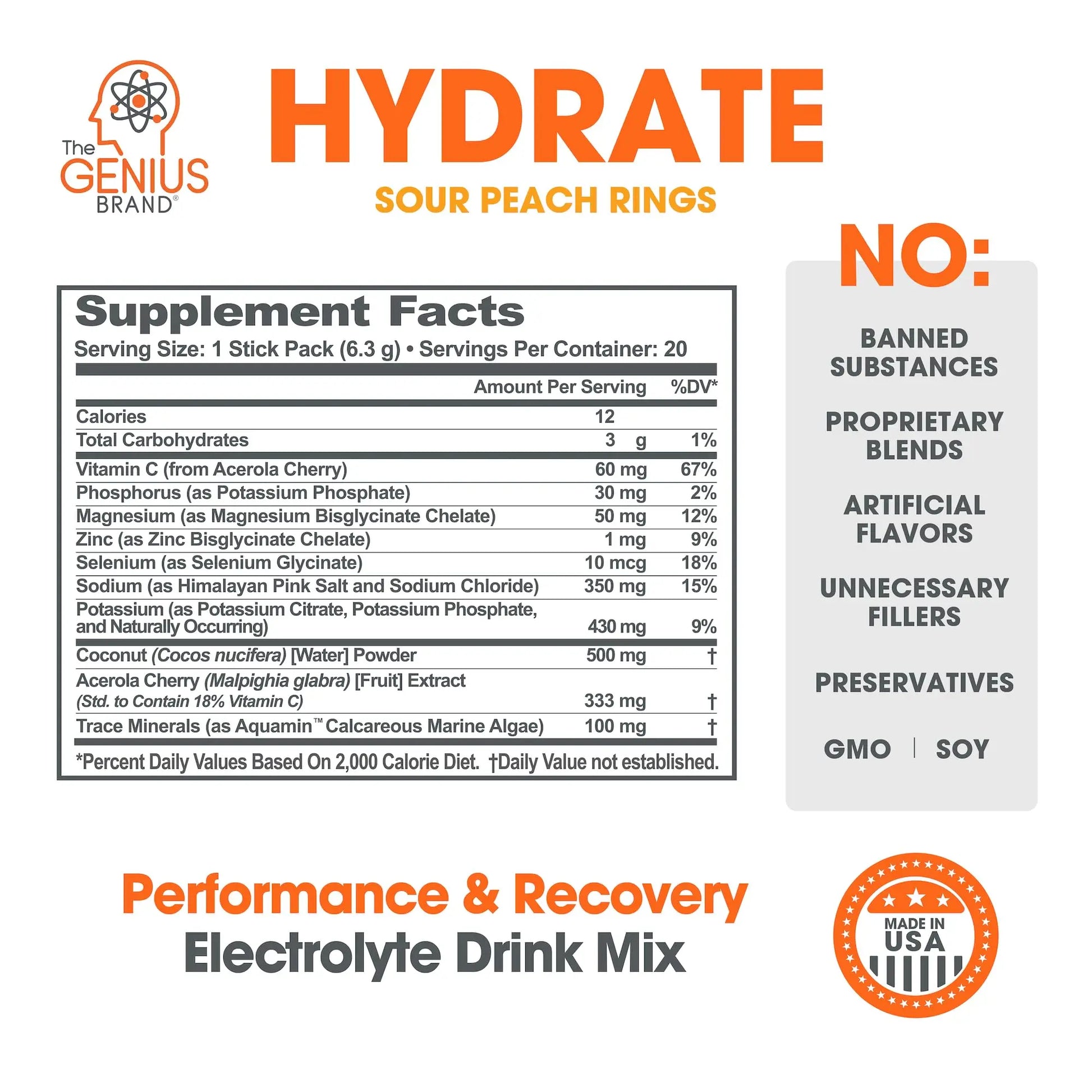 The Genius Brand Genius Hydrate - Electrolyte Supplement for Daily Hydration - Coconut Water - Sugar-Free - 8 Essential Minerals & Nutrients - Non-GMO - Sour Peach Rings - 20 Servings The Genius Brand Au supplements