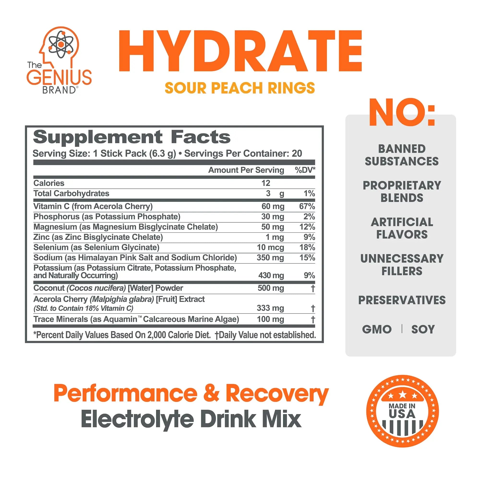 The Genius Brand Genius Hydrate - Electrolyte Supplement for Daily Hydration - Coconut Water - Sugar-Free - 8 Essential Minerals & Nutrients - Non-GMO - Sour Peach Rings - 20 Servings The Genius Brand Au supplements