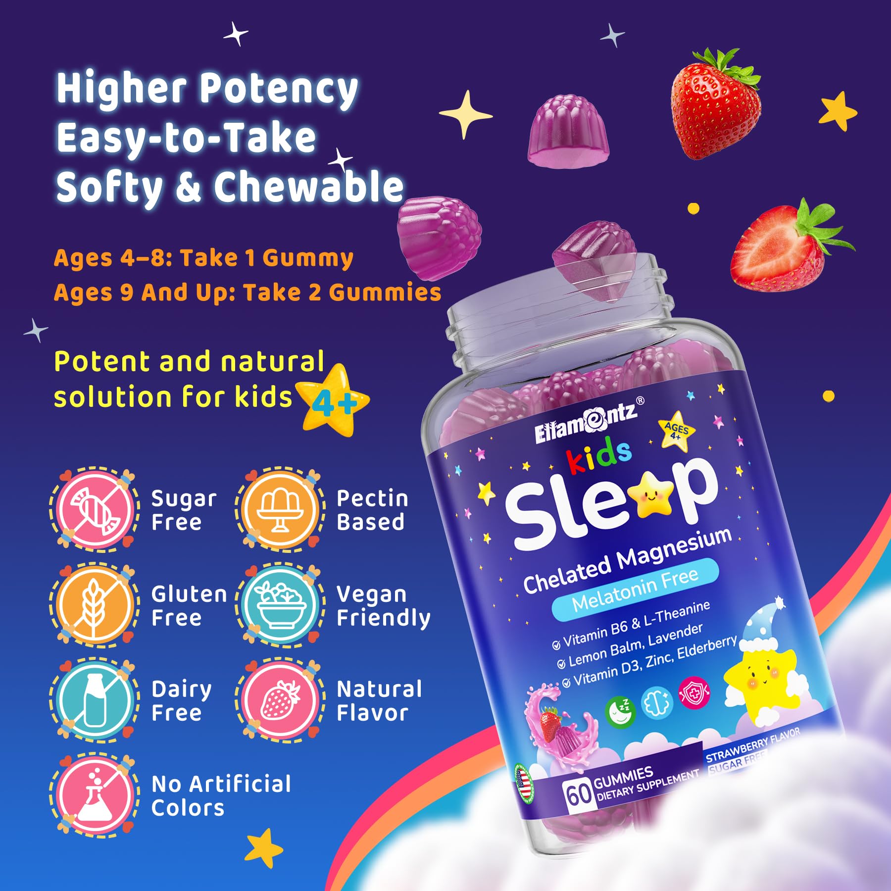 Kids Sleep Gummies, NO Melatonin Sleep Aid Gummies w/ Magnesium Glycinate, Magnesium Malate, L-Theanine, Lavender, B6, Zinc, D3K2 for Restful Sleep, Relax Brain & Muscle, Immune Support, Non-GMO 1Pack ELLAMENTZ Au supplements