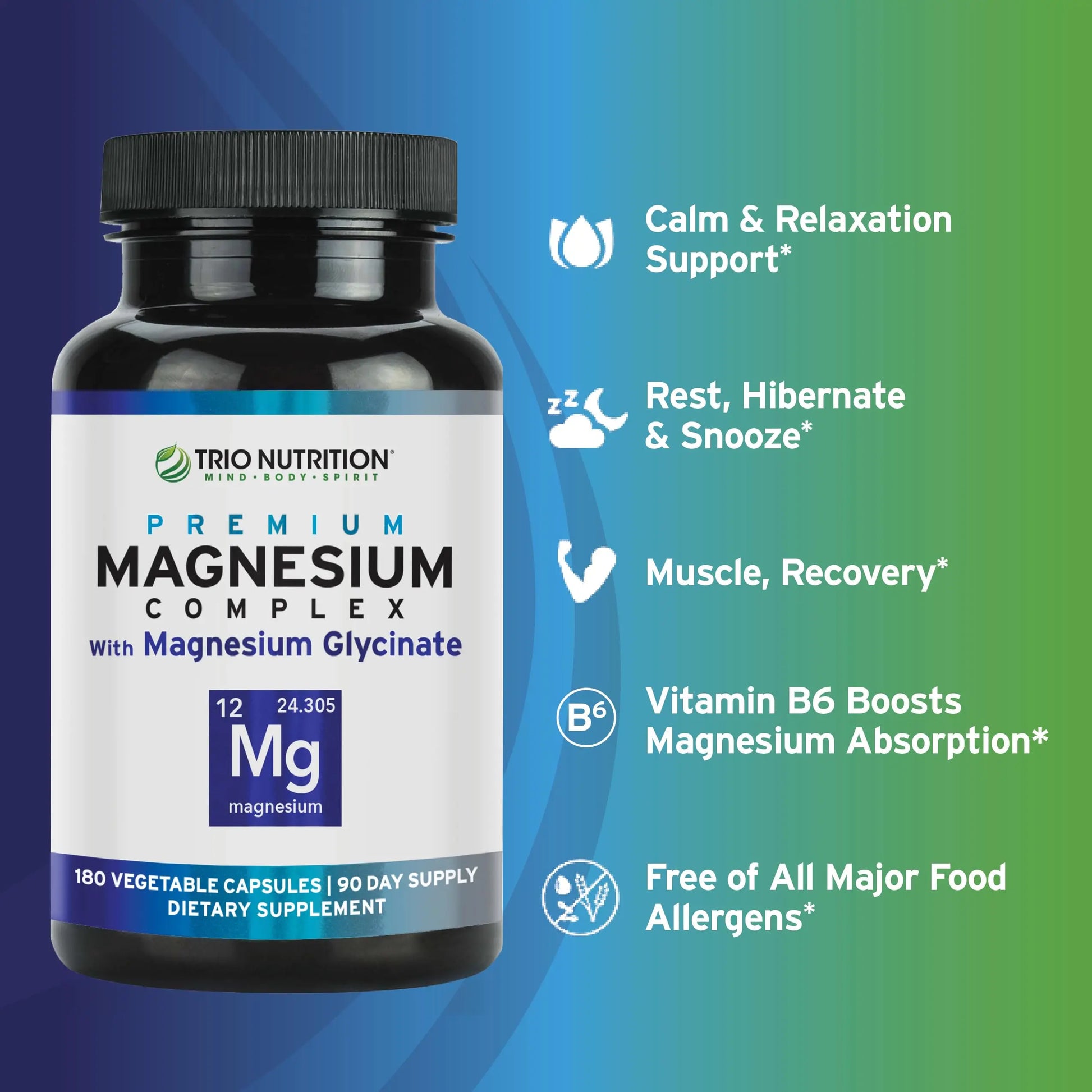 Trio Nutrition Magnesium Complex 90 Day Supply 420 mg | Natural Calm, Relax, Stress Relief, and Muscle Recovery |Magnesium Glycinate Supplement with Vitamin B6 for Rapid Absorption* TRIO NUTRITION Au supplements