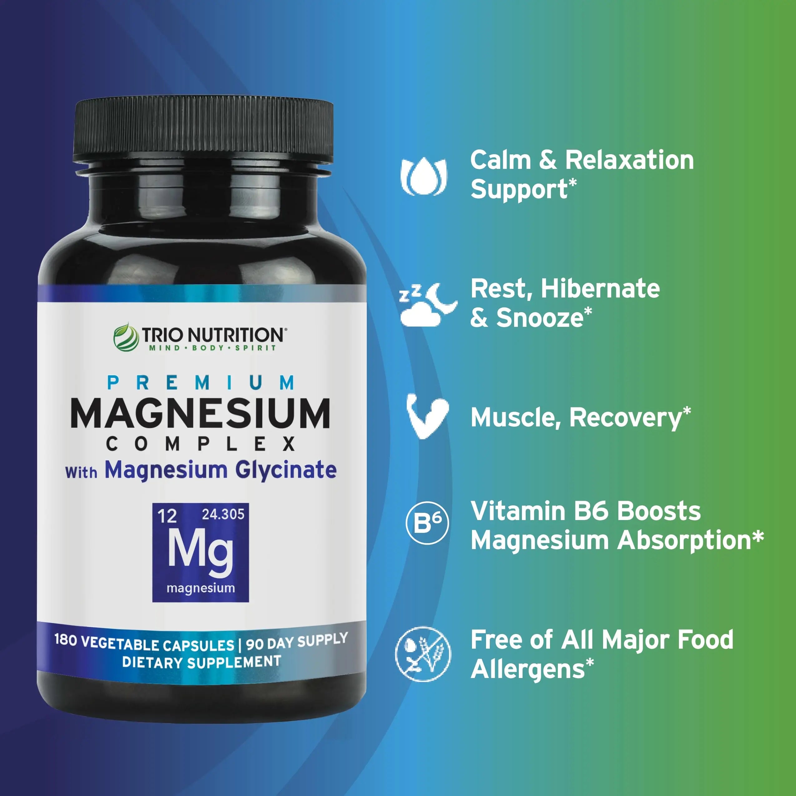 Trio Nutrition Magnesium Complex 90 Day Supply 420 mg | Natural Calm, Relax, Stress Relief, and Muscle Recovery |Magnesium Glycinate Supplement with Vitamin B6 for Rapid Absorption* TRIO NUTRITION Au supplements