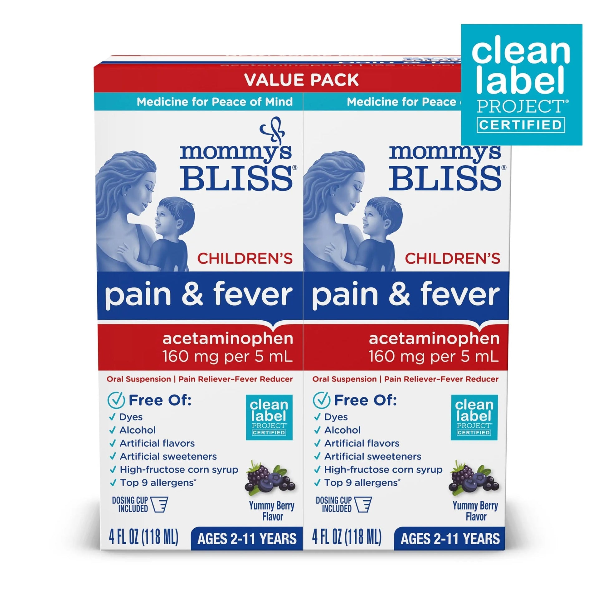 Mommy's Bliss Children's Pain and Fever Reducer, Kids Acetaminophen, Dye Free, Delicious Mixed Berry Flavor, Ages 2+, 4 Fluid Ounces (Pack of 2) Mommy's Bliss Au supplements