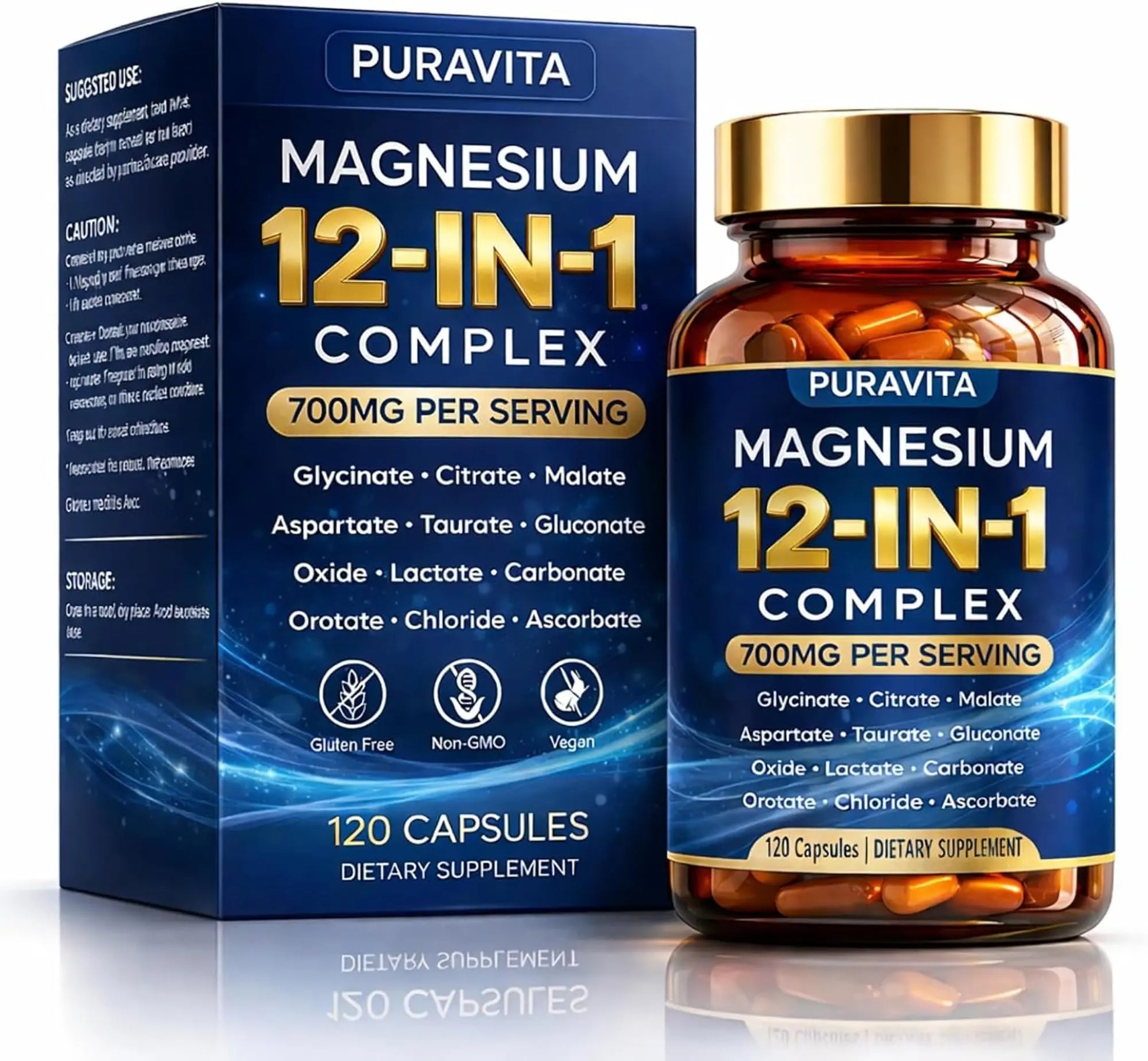Puravita 12 in 1 Magnesium Complex Capsules - 700mg High Absorption Blend with Glycinate, Citrate, Malate, Oxide & Taurate. Supports Muscle Function, Nerve Health & Relaxation - 120 Capsules (1) PURAVITA Au supplements