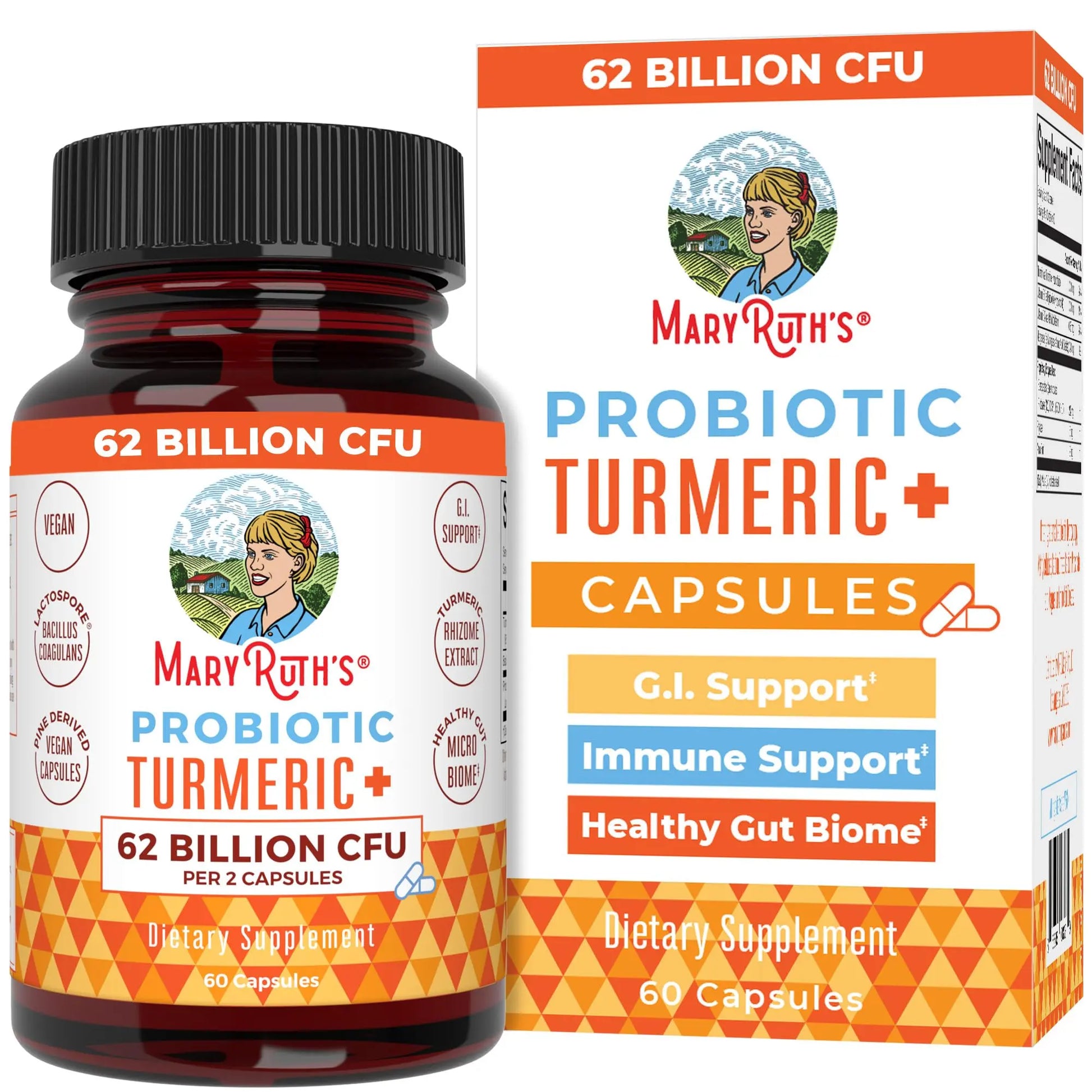 MaryRuth Organics Probiotic Turmeric + Extra GI Support | 62 Billion CFU | Organic Ingredients Turmeric Complex with Probiotics | Turmeric Curcumin Capsules for Digestion | Vegan | 60 Count MARYRUTH'S Au supplements