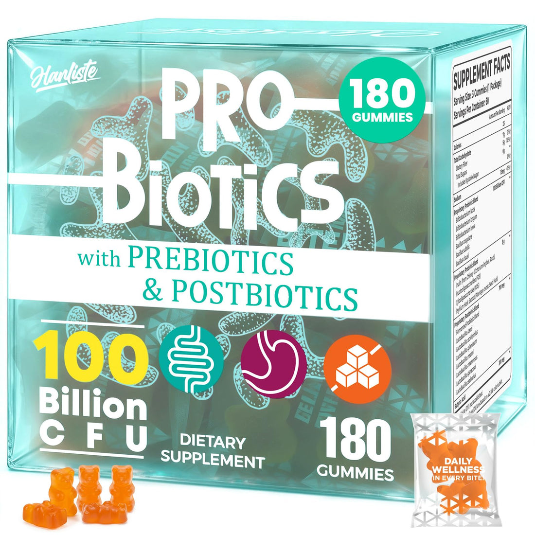(180 Count) Probiotic Gummies, 19 in 1 Prebiotics Postbiotic Probiotic Gummies, 100 Billion CFU Probiotics for Women Men, Complete Immune, Gut & Digestive Support*, Sugar Free, Vegan Hanliste Au supplements