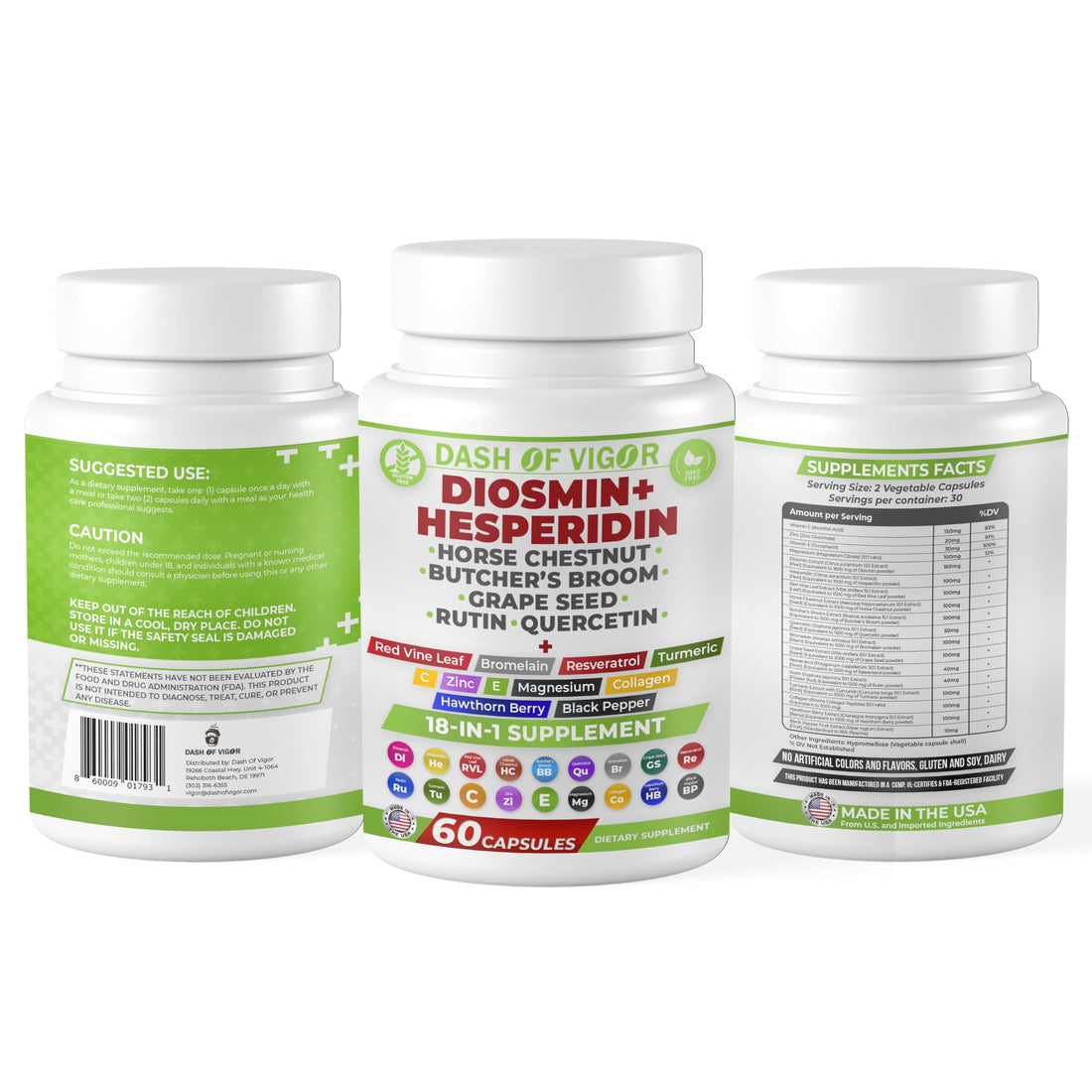 Dash of Vigor 18-in-1 Diosmin Hesperidin Supplement, Quercetin with Bromelain, Zinc, Vitamin C with Rutin Supplement, Horse Chestnut Extract, Butcher's Broom Extract, USA, 60 Capsules DASH OF VIGOR DOFV Au supplements