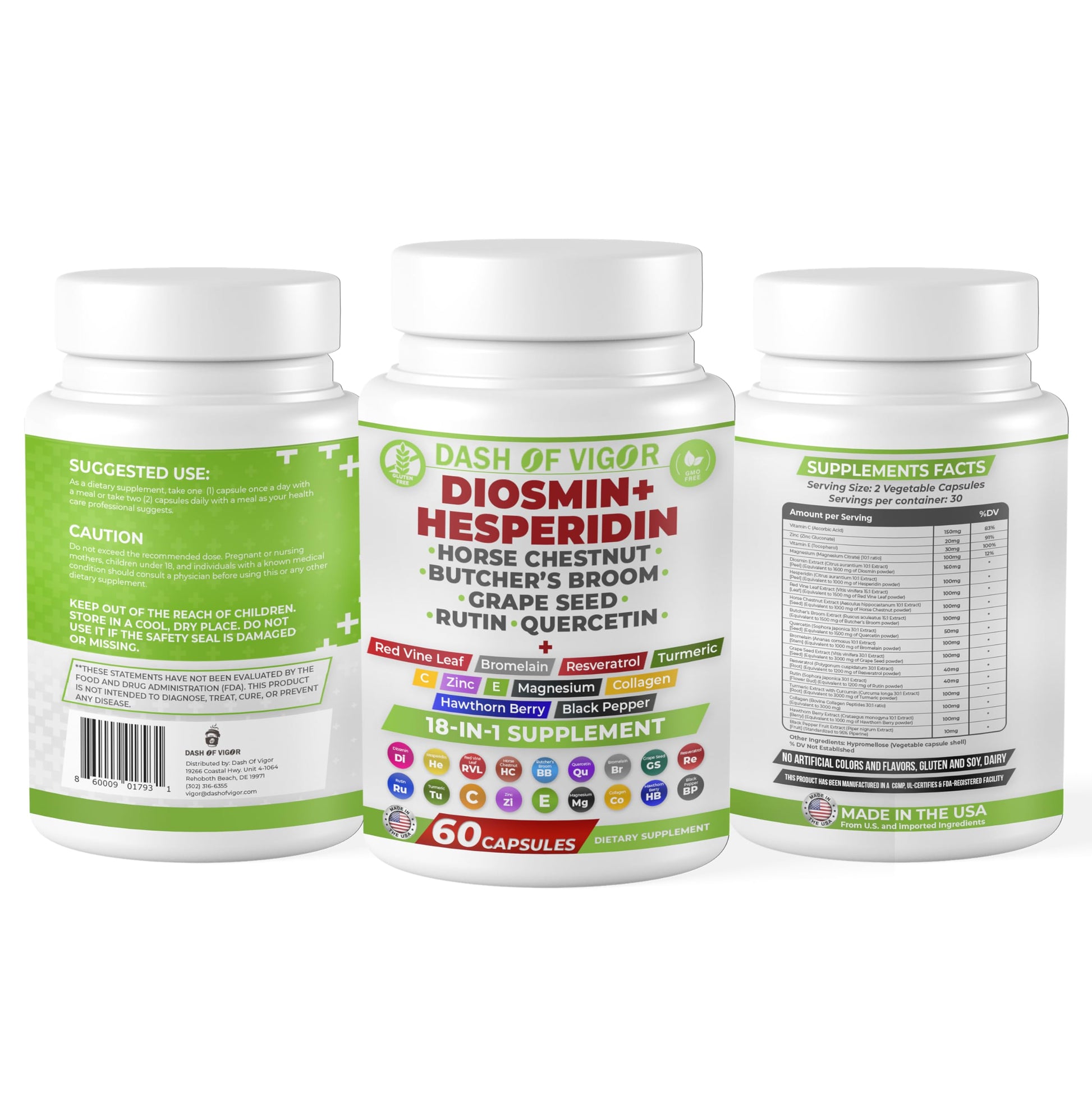 Dash of Vigor 18-in-1 Diosmin Hesperidin Supplement, Quercetin with Bromelain, Zinc, Vitamin C with Rutin Supplement, Horse Chestnut Extract, Butcher's Broom Extract, USA, 60 Capsules DASH OF VIGOR DOFV Au supplements