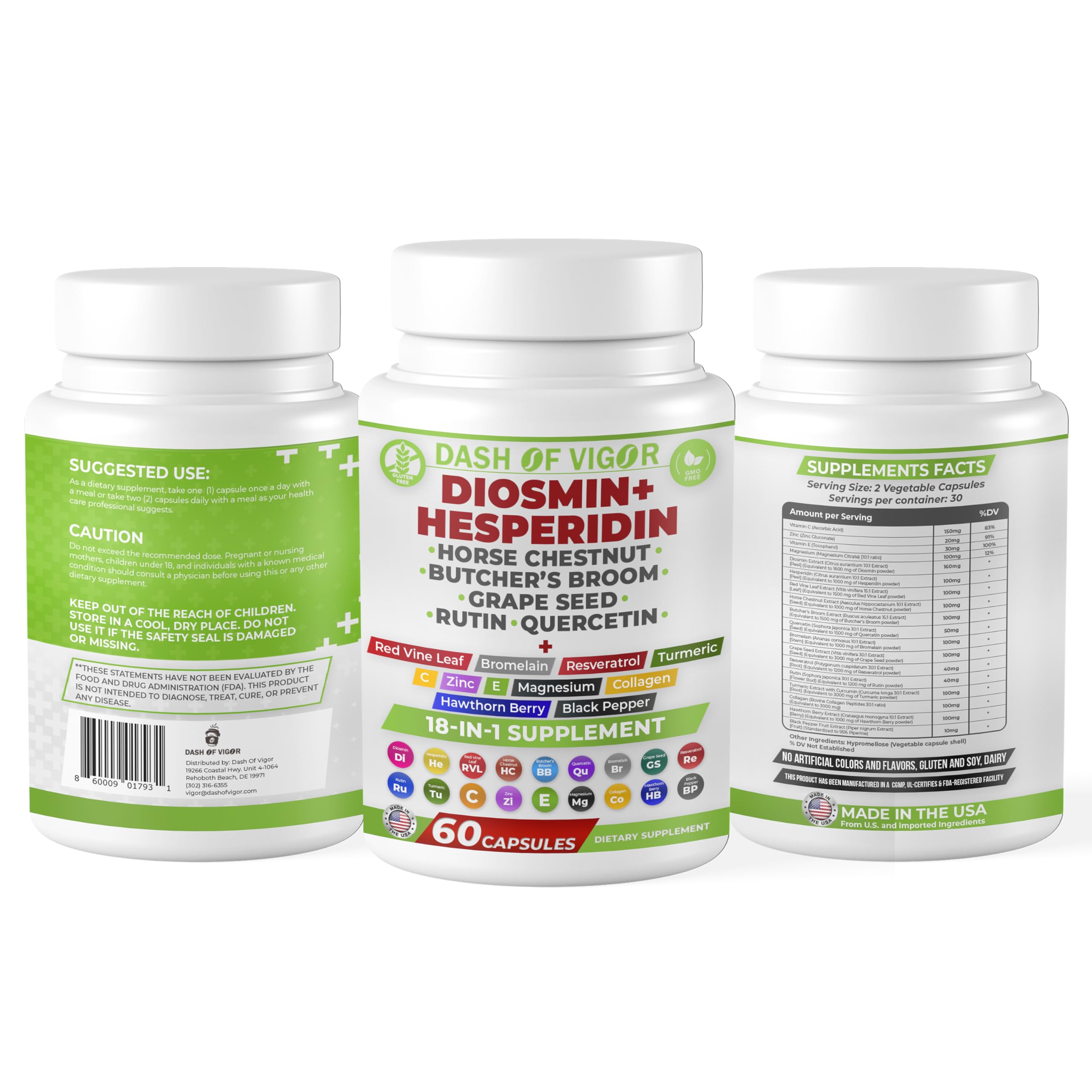 Dash of Vigor 18-in-1 Diosmin Hesperidin Supplement, Quercetin with Bromelain, Zinc, Vitamin C with Rutin Supplement, Horse Chestnut Extract, Butcher's Broom Extract, USA, 60 Capsules DASH OF VIGOR DOFV Au supplements