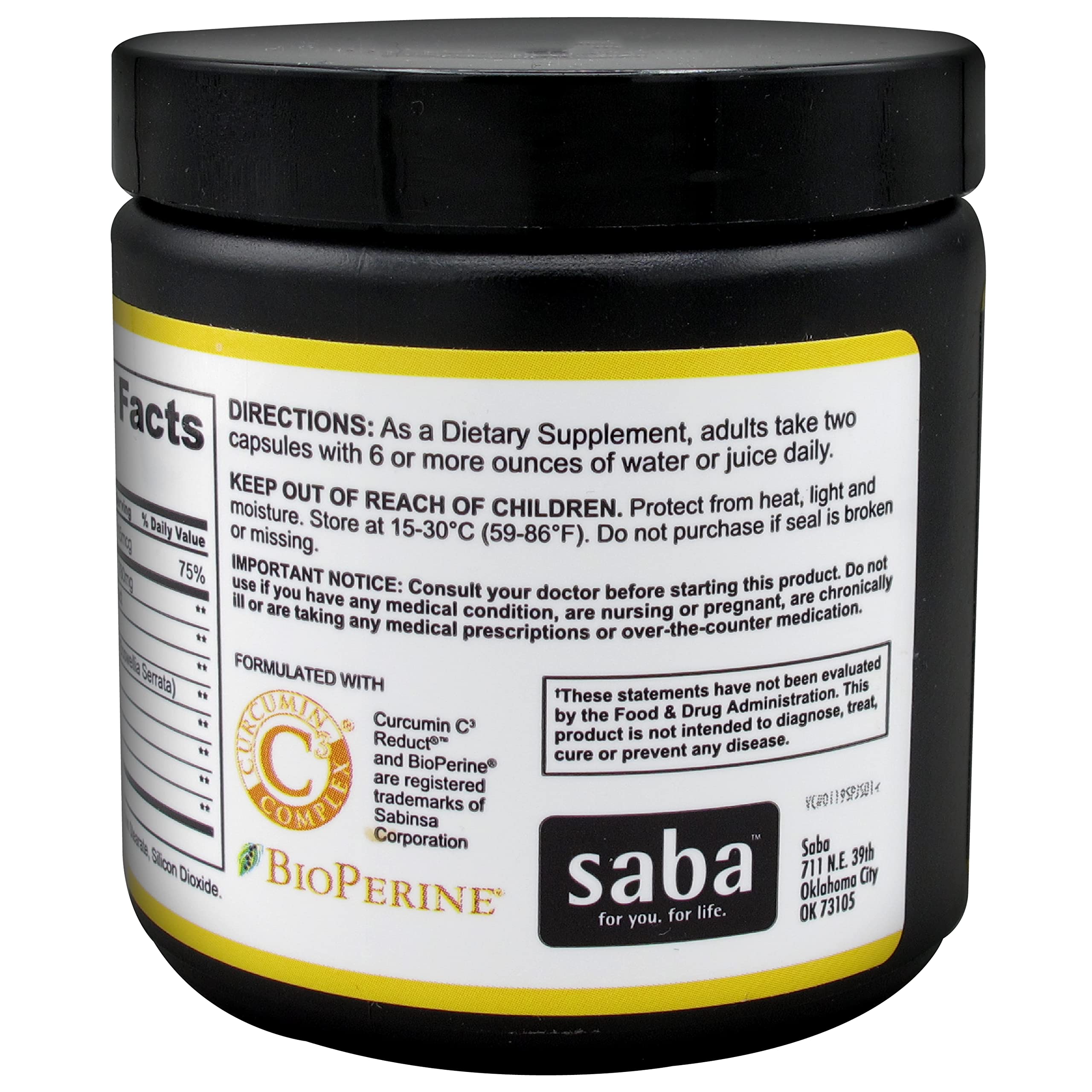 Saba Platinum Joint Support – High Absorption Curcumin C3 Reduct & Boswellia – Fast Acting Turmeric Supplement for Joint Pain Relief, Mobility & Healthy Inflammation Response – 60 Vegan Capsules Saba Au supplements