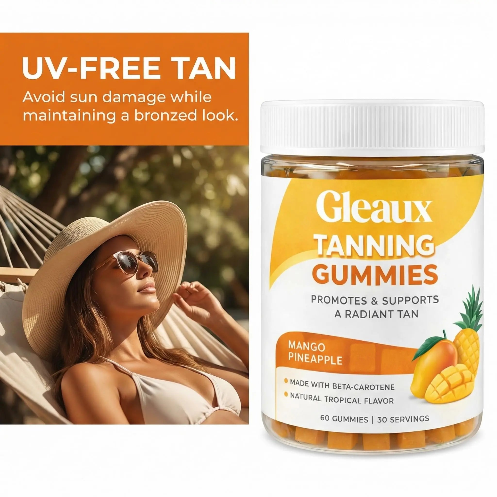 DXWXH Gleaux Tanning Gummies, Tanning Gummies for Women, Sunless Radiance Support with Beta Carotene, Astaxanthin & Lycopene, for Skin Health & Complexion Support, Mango Pineapple Flavor, 60 Gummies DXWXH Au supplements
