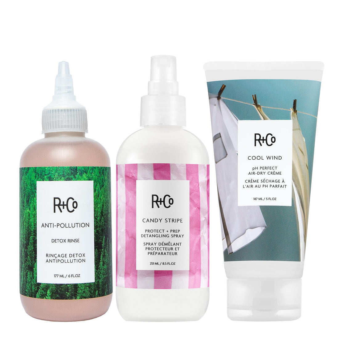 R+Co TEACUP Anti-Pollution Detox Rinse, CANDY STRIPE Protect + Prep Detangling Spray & COOL WIND pH Perfect Air Dry Crème Bundle – Hydration, Protection & Styling for All Hair Types R+Co Au supplements