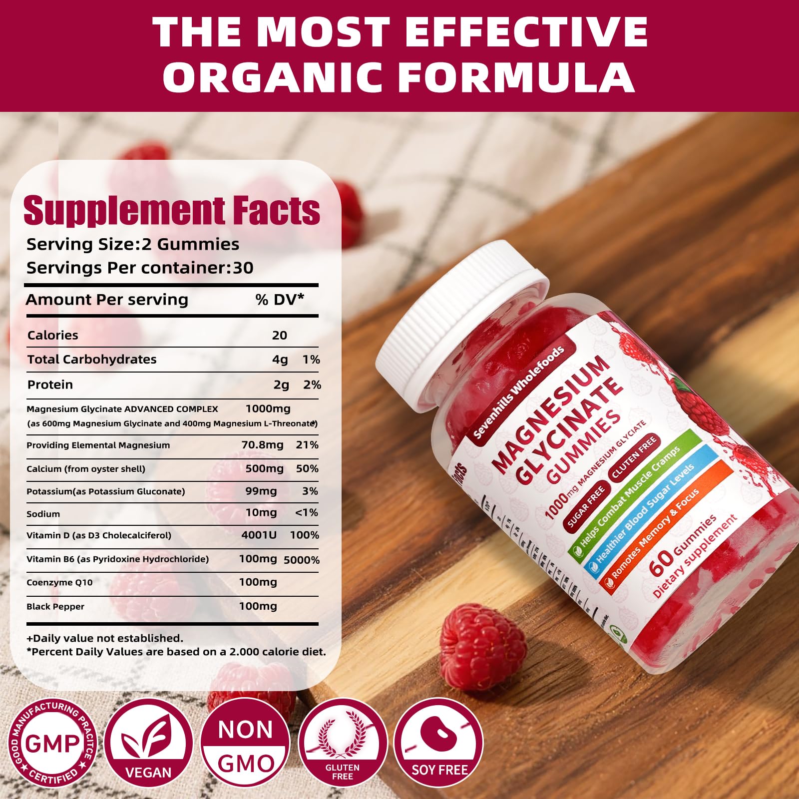 Magnesium Glycinate Gummies 1000mg - Sugar Free Magnesium Potassium Supplement for Relaxation, Calm, Stress Relief, and Sleep Support for Adults & Kids - 60 Raspberry Gummies Sevenhills Wholefoods Au supplements