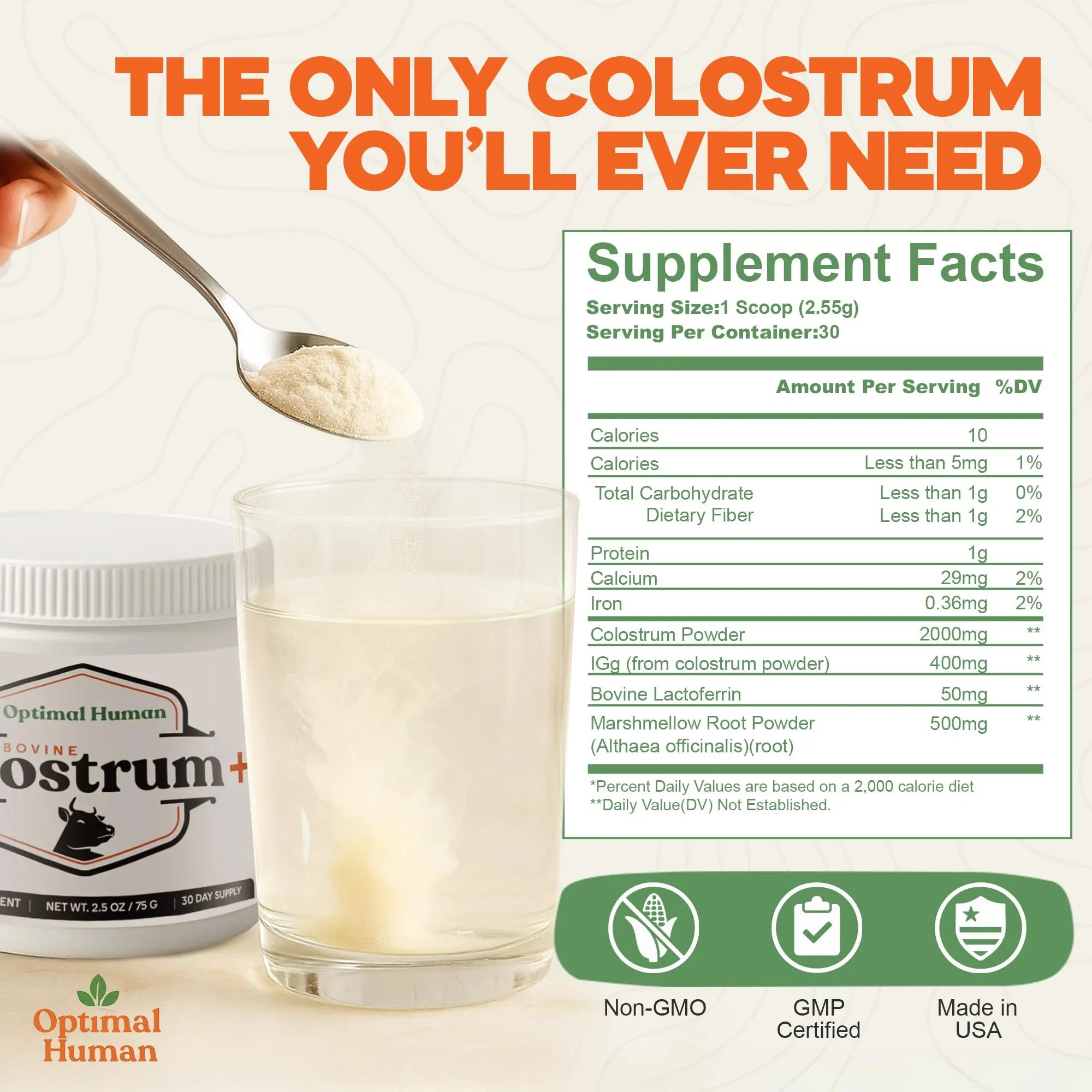O H Optimal Human Bovine Colostrum Powder with Marshmallow Root – Gut & Immune Support Colostrum Supplement Capsules with IgG & Protein – Non-GMO, GMP Certified, Made in USA – Unflavored 30 Servings O H Au supplements