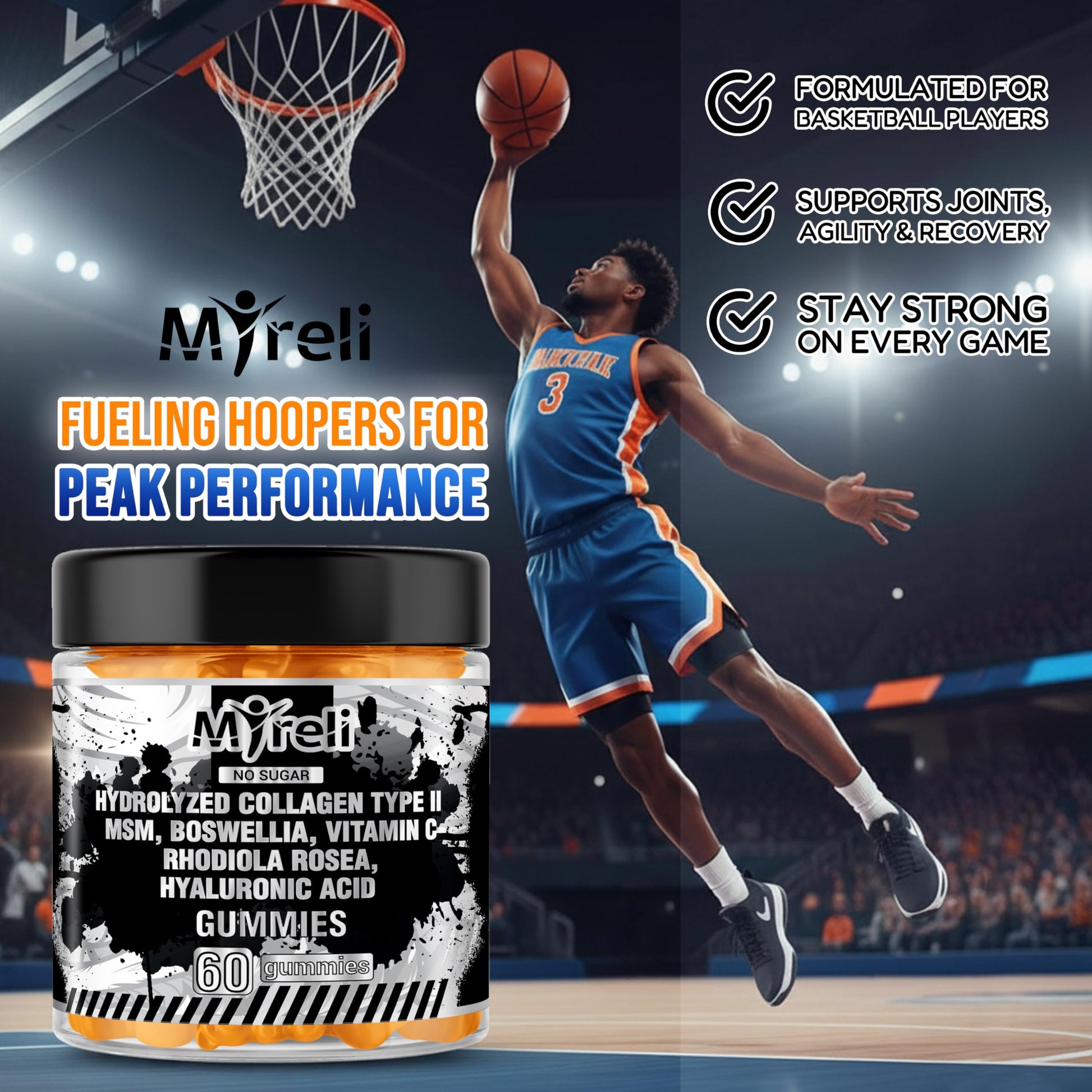 MYRELI Hydrolyzed Collagen Type II 500mg, MSM 700mg, Boswellia 200mg, Vitamin C 400mg, Rhodiola 100mg, Hyaluronic Acid 100mg, Joint Mobility, Flexibility, Basketball Athletes, Vegan, Non GMO, 60 Gummy MYRELI Au supplements