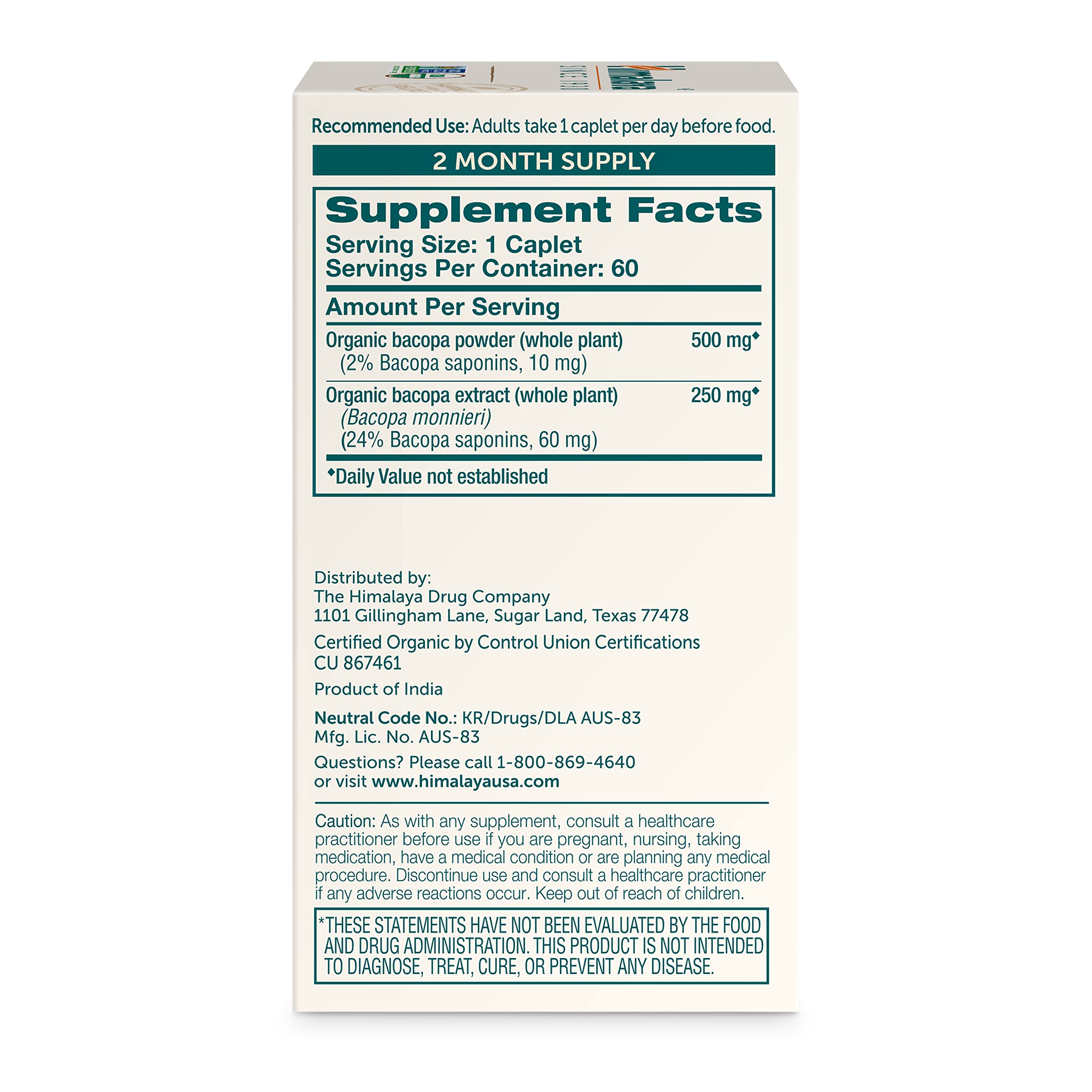 Himalaya Bacopa Monnieri Nootropic Herbal Supplement, Supports Calm, Memory, Cognition, USDA Certified Organic, Non-GMO, 750 mg, 60 Plant-Based Caplets, 60 Day Supply Himalaya Au supplements