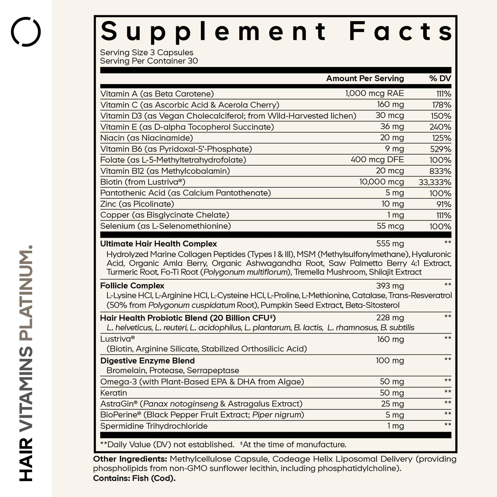 Codeage Hair Vitamins Platinum - Lustriva Hair Growth Support, Spermidine, AstraGin, Biotin, Keratin, Collagen, Enzymes, Omega-3, Multivitamins, Probiotics – Healthy Hair Supplement - 90 Capsules Codeage Au supplements