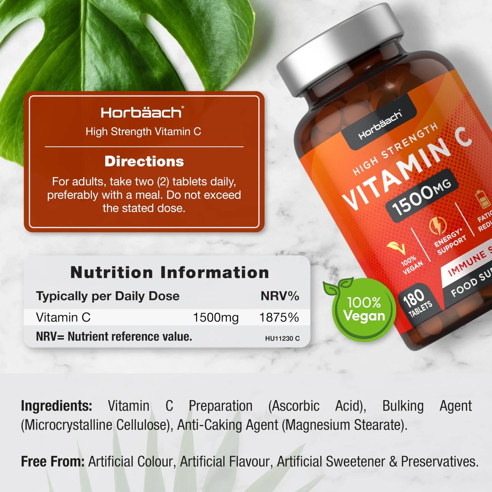 Vitamin C Tablets 1500mg | 180 Count | High Strength Vegan Supplement | No Artificial Horbäach Au supplements