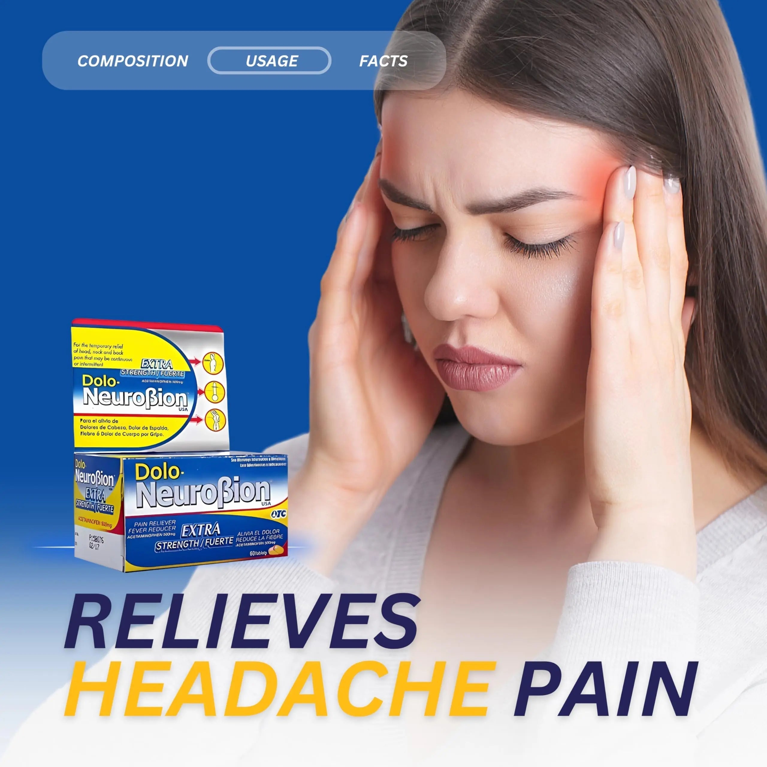 Dolo Neurobion Pain Reliever, Fever Reducer, Extra Strength. Alivia el Dolor,Reduce la Fiebre, Extra Fuerte. 60 Tablets. Acetaminophen 500 mg Neurobion Au supplements