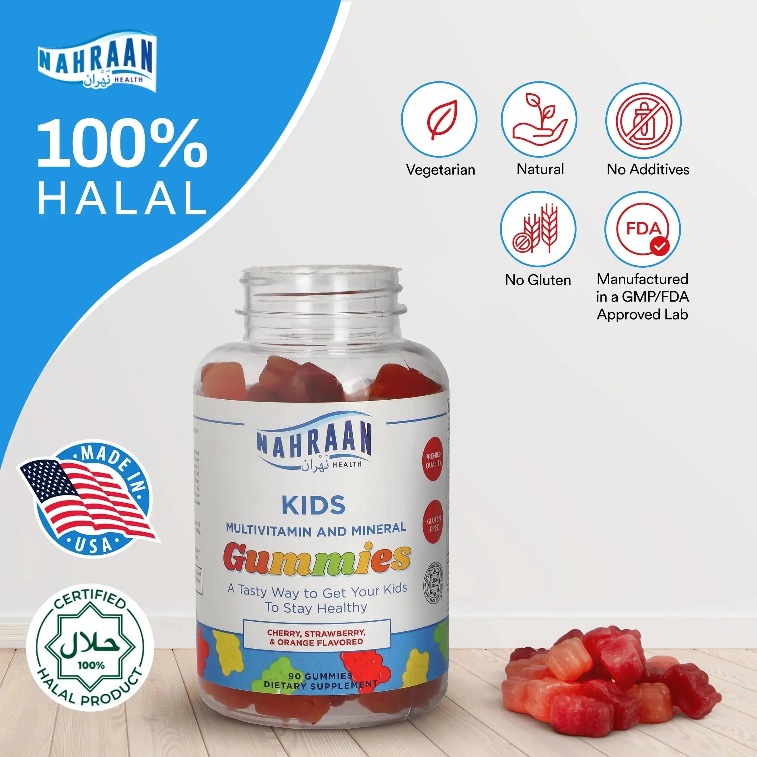 NAHRAAN HEALTH Halal Vitamins for Kids - Halal Multivitamins for Kids Vitamin A, C, D, E, B6, B12 - Non-GMO Vegetarian, Halal Gummies - 90 Count NAHRAAN HEALTH Au supplements