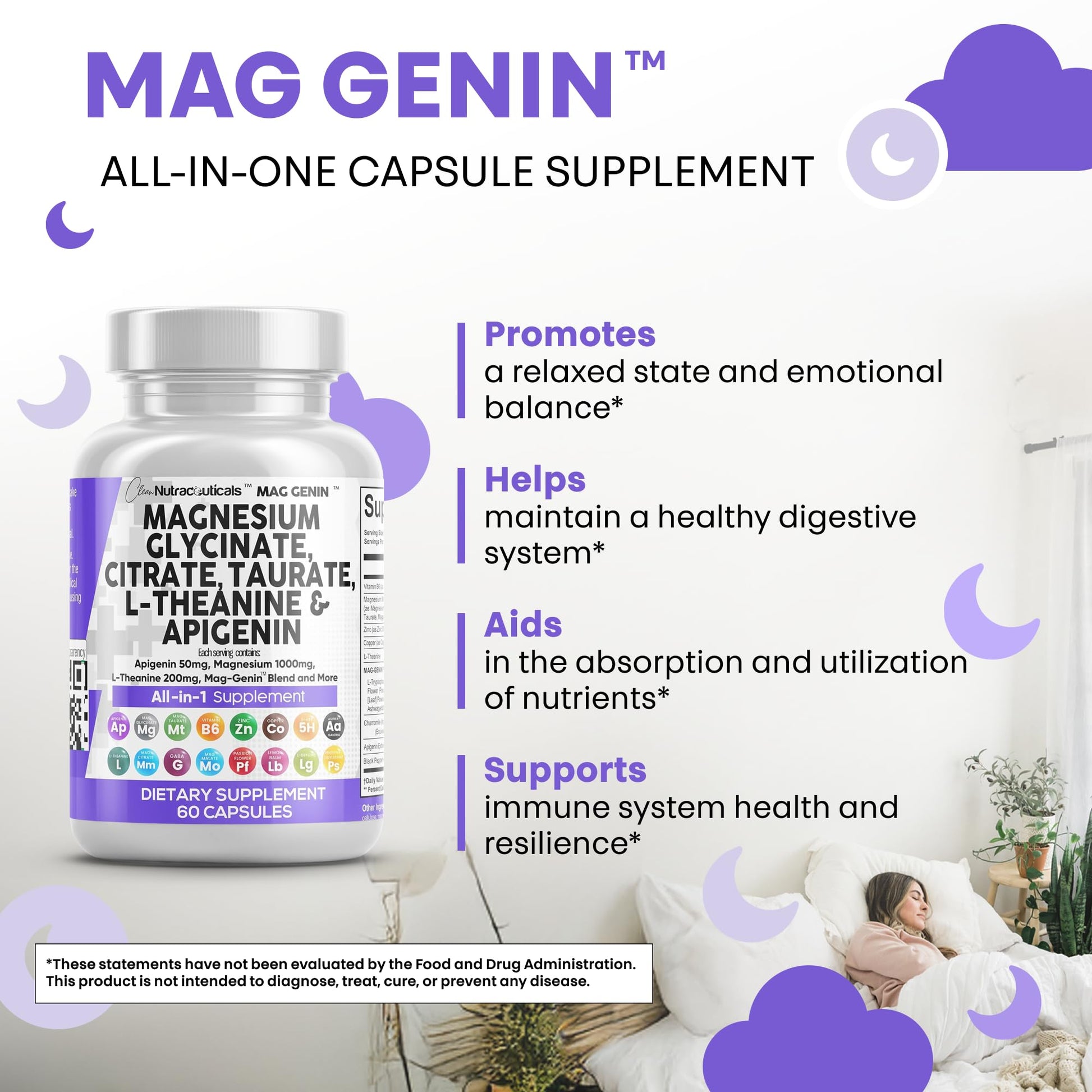 Clean Nutraceuticals Magnesium Glycinate Complex 1000mg with L-Theanine 200mg Apigenin 50mg Citrate Taurate Supplement - 5-HTP GABA Passion Flower Lemon Balm L-Glycine Phosphatidylserine - 60 Count Clean Nutraceuticals Au supplements