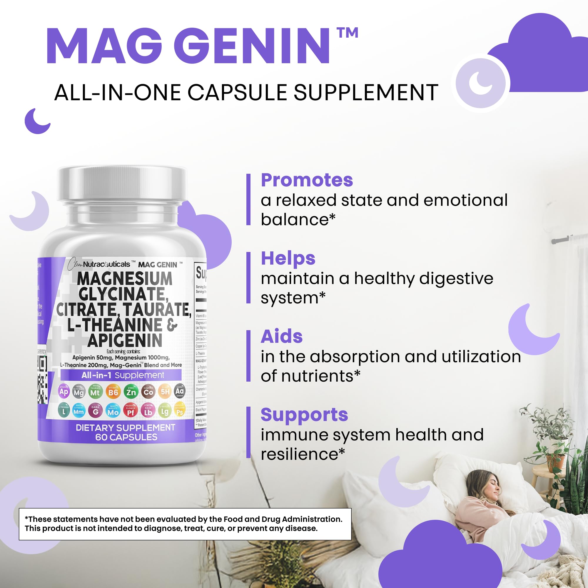 Clean Nutraceuticals Magnesium Glycinate Complex 1000mg with L-Theanine 200mg Apigenin 50mg Citrate Taurate Supplement - 5-HTP GABA Passion Flower Lemon Balm L-Glycine Phosphatidylserine - 60 Count Clean Nutraceuticals Au supplements