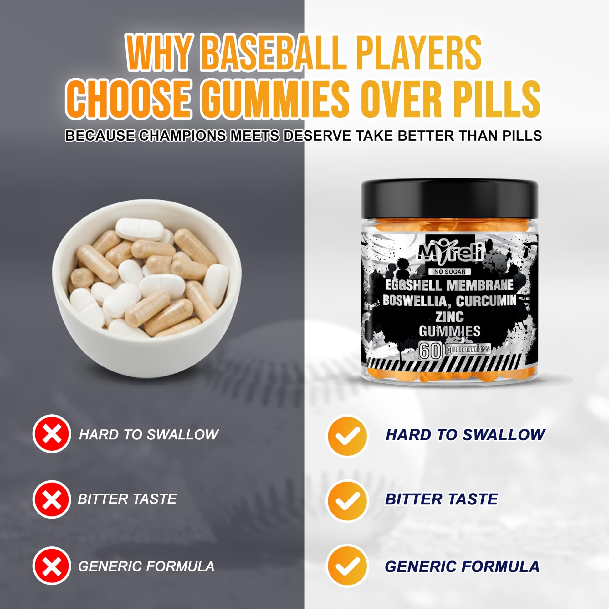 MYRELI Eggshell Membrane 400mg, Boswellia 300mg, Curcumin 250mg & Zinc 20mg Gummies - Baseball Athlete Joint Support, Flexibility, Recovery, Antioxidant, Energy, Endurance - Vegan, Non-GMO, 60 Gummies MYRELI Au supplements