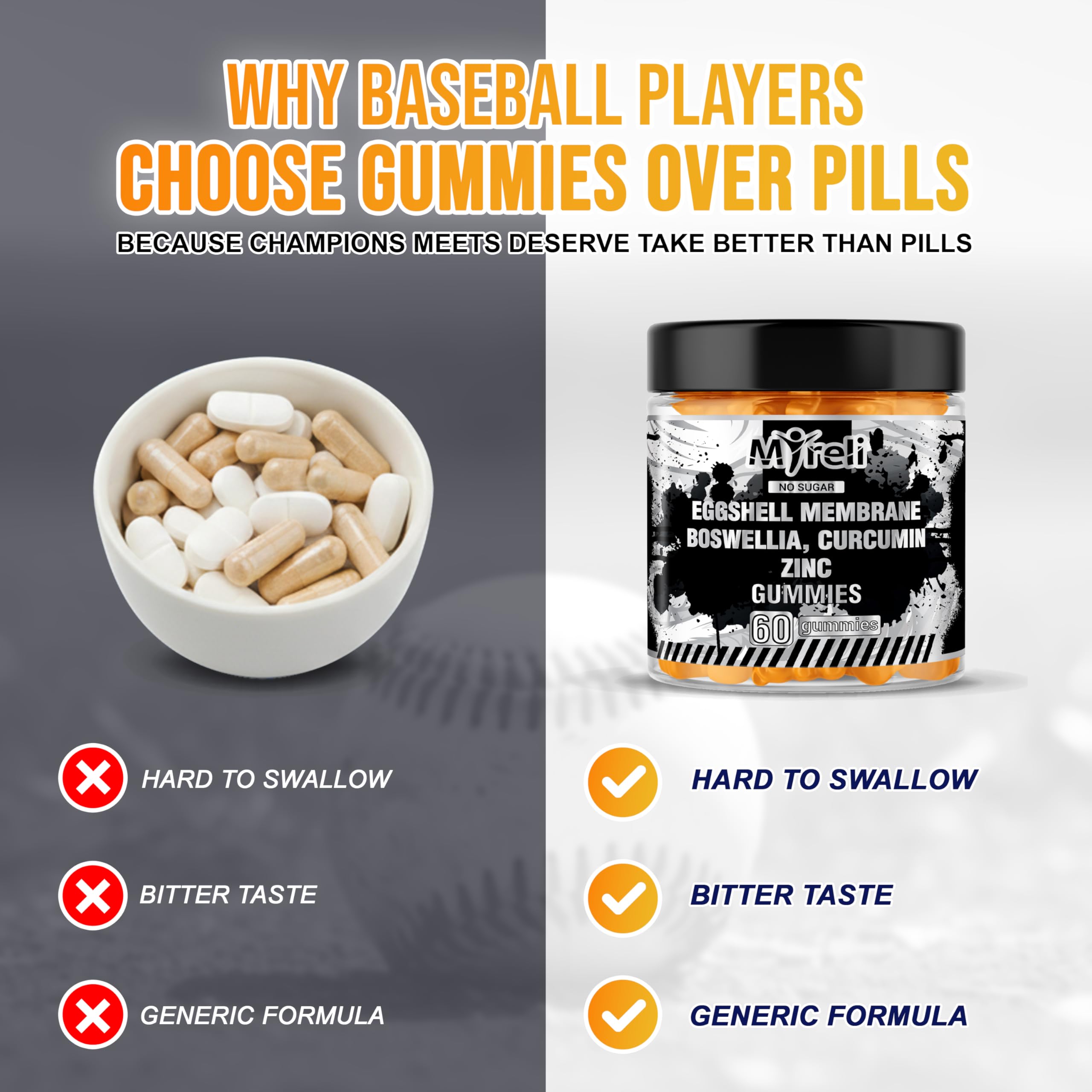 MYRELI Eggshell Membrane 400mg, Boswellia 300mg, Curcumin 250mg & Zinc 20mg Gummies - Baseball Athlete Joint Support, Flexibility, Recovery, Antioxidant, Energy, Endurance - Vegan, Non-GMO, 60 Gummies MYRELI Au supplements