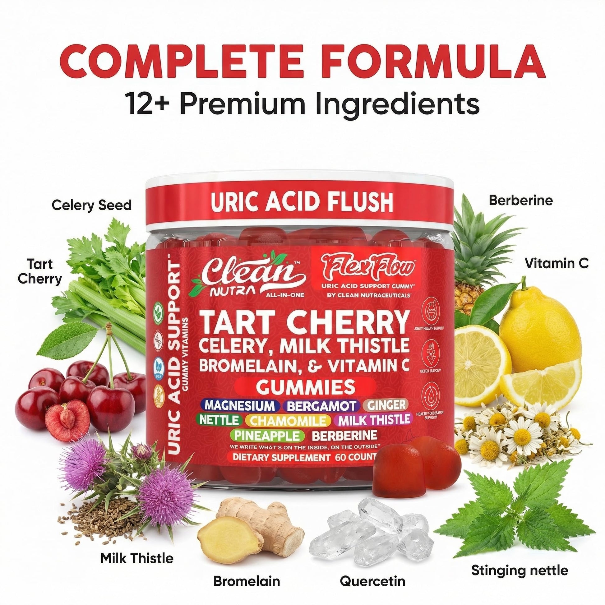 Clean Nutra Tart Cherry Gummies Uric Acid Flush Celery Milk Thistle Bromelain Vitamin C Magnesium Citrus Bergamot Ginger Stinging Nettle Leaf Chamomile Berberine Quercetin Support 60 Gummy Vitamins Clean Nutraceuticals Au supplements