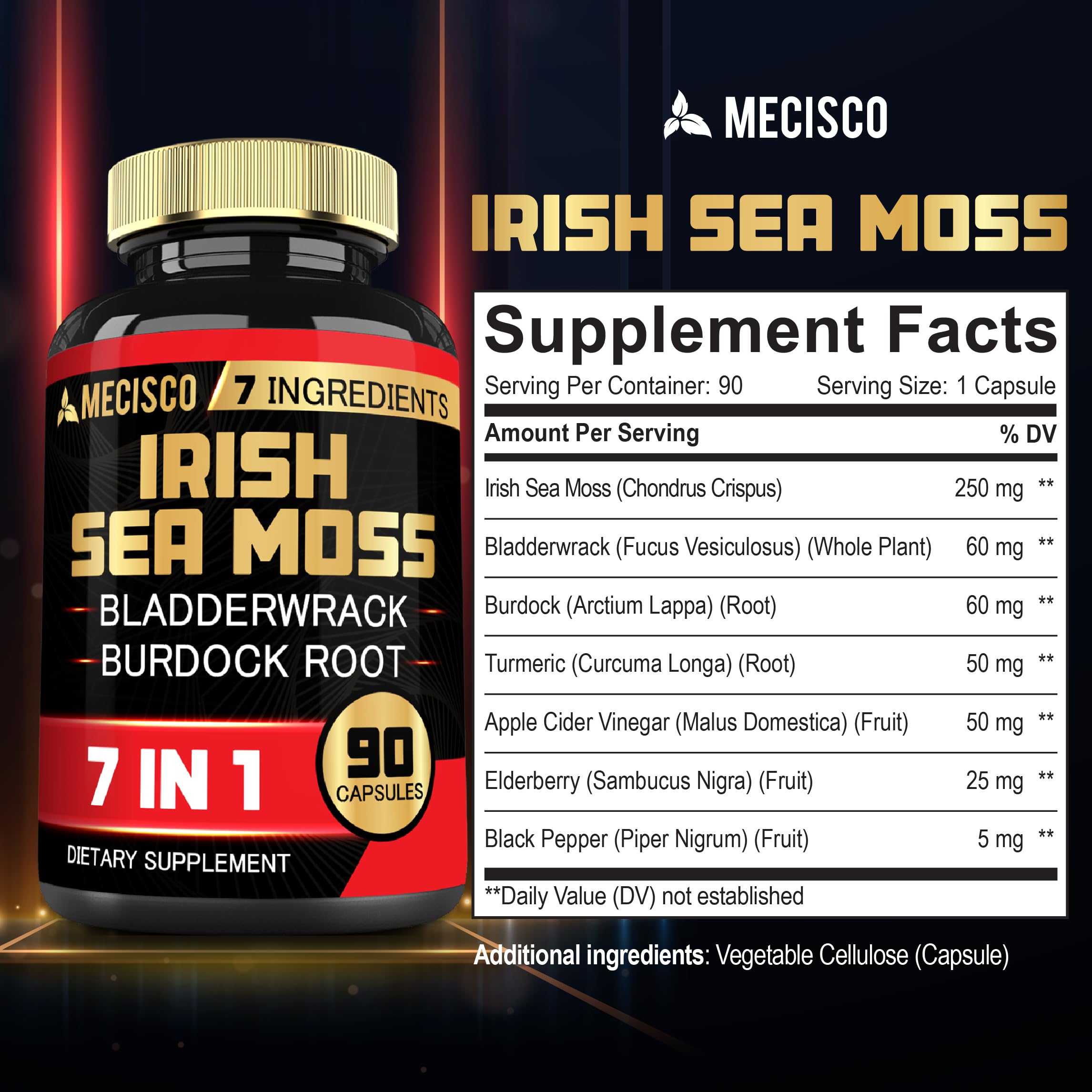 7in1 Irish Sea Moss Capsules 6750 Mg with Organic Bladderwrack & Burdock Root, Turmeric, Apple Cider Vinegar - Raw Seamos Pills for Hair, Skin, Thyroid Healths - 90 Caps for 3-Month Supply Mecisco Au supplements
