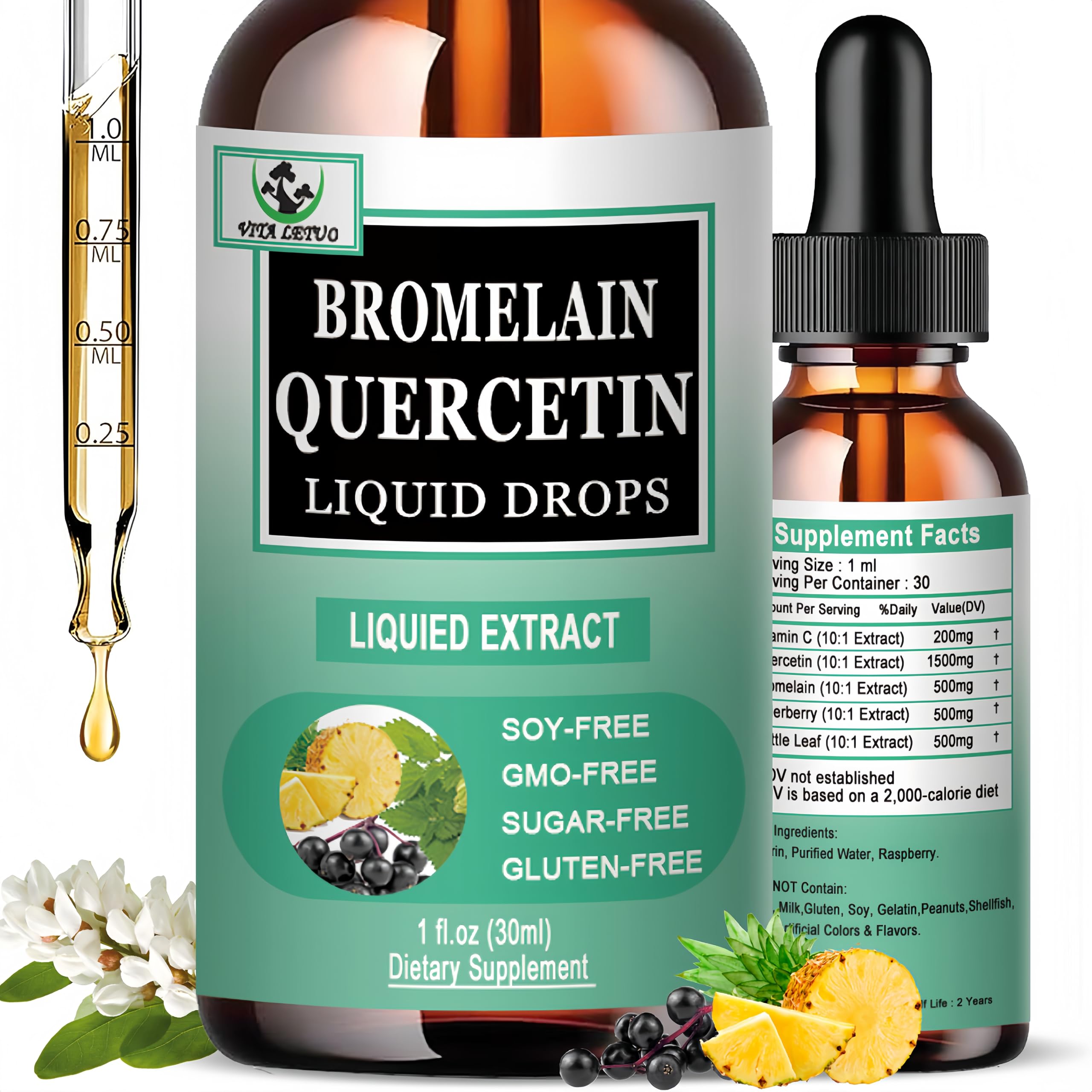 Quercetin Liquid Drops, Quercetin with Bromelain Elderberry Nettle Leaf Vitamin C Liquid Supplements, High Absorption Quercetin Liquid Drops for Women Men, Healthy Immune Antioxidant Support, Non-GMO Vita letuo Au supplements