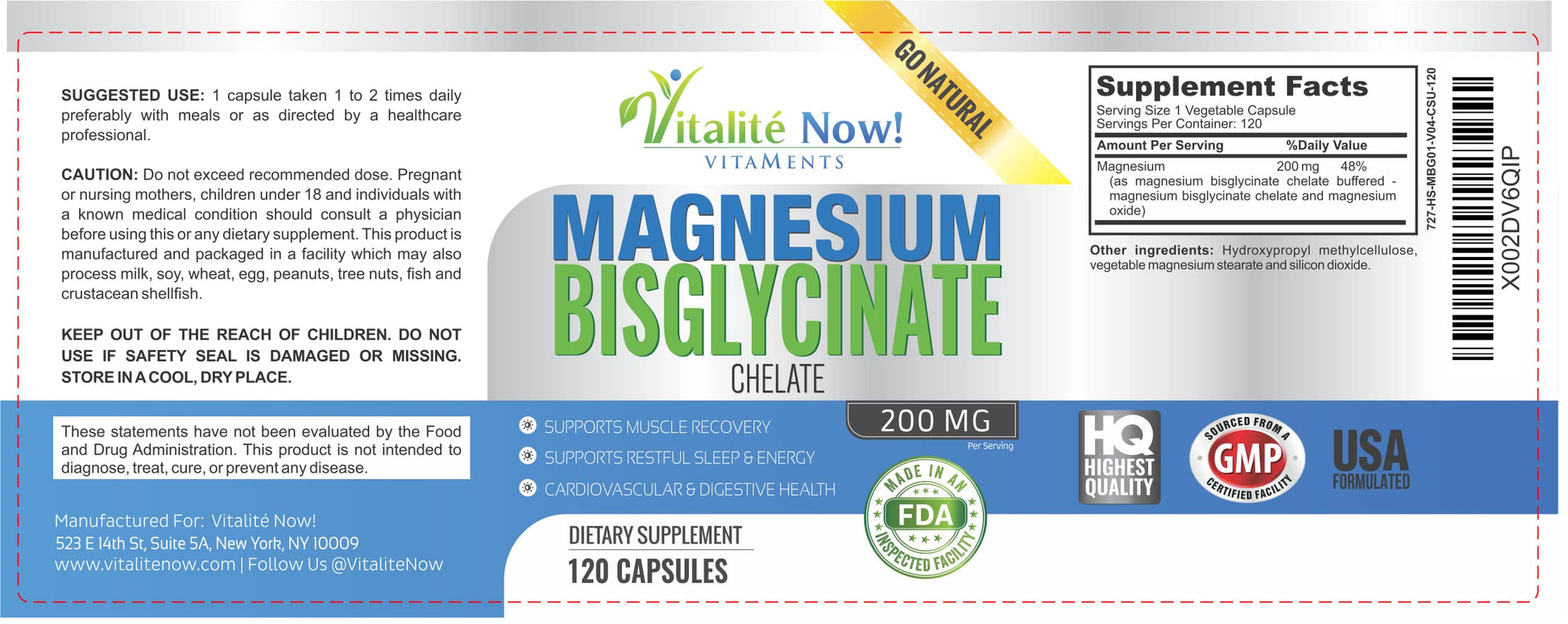 Vitalité Now! Magnesium Bisglycinate 200mg - 100% Chelated Capsules for Superior Absorption - Gentle Formula, No Laxative Effect - Sleep Energy Cramps Muscle Support - Fully Reacted & Buffered Vitalité Now! Au supplements