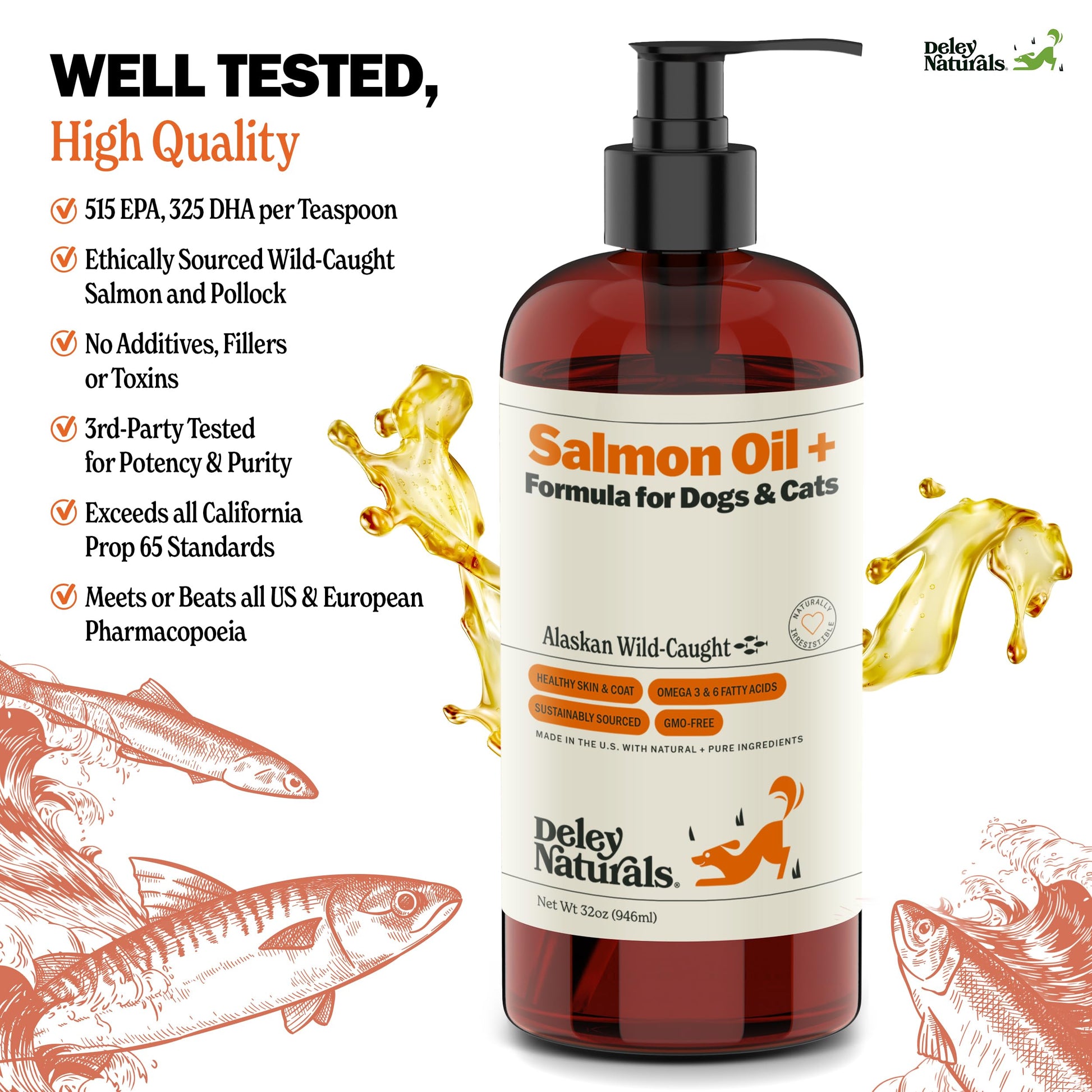 Deley Naturals Wild Alaskan Salmon Oil for Dogs & Cats - New and Improved Salmon Oil Plus Formula - Fish Oil for Dogs with Omega 3, DHA and EPA - Omega 3 for Healthy Skin and Coat - 32oz Made in USA Deley Naturals Au supplements