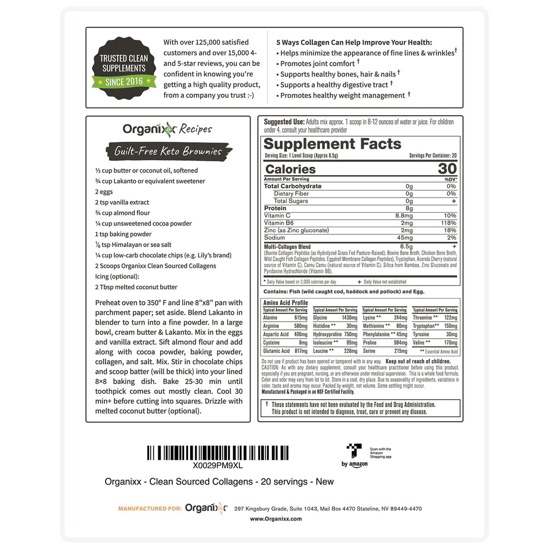 Organixx Clean Sourced Collagen Peptides Powder with Vitamin C, Types I, II, III, V, X Hydrolyzed Collagen, Hair, Nail, Skin, Bone & Joint Health, Aging Support, Gluten Free, Unflavored, 20 Servings Organixx Au supplements