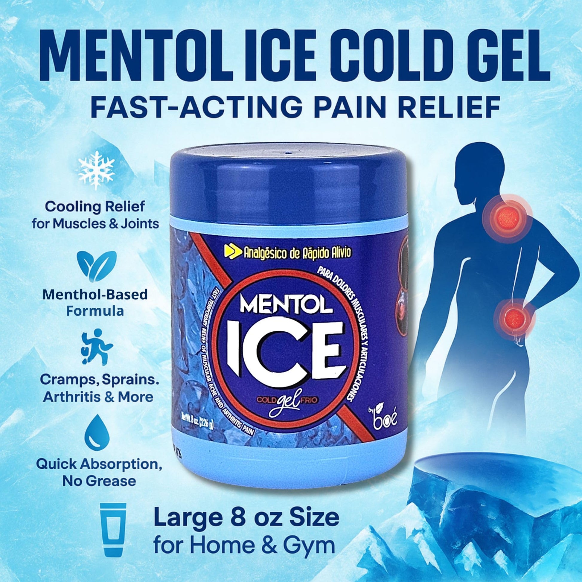 BOÉ COSMETICS Mentol Ice Cold Gel 8 oz (2 Pack) Pain Relief Gel for Muscles & Joints – Fast-Acting Analgesic for Arthritis, Back Pain, Cramps, Sprains & Headaches – Non-Greasy & Quick Absorption BOÉ COSMETICS Au supplements