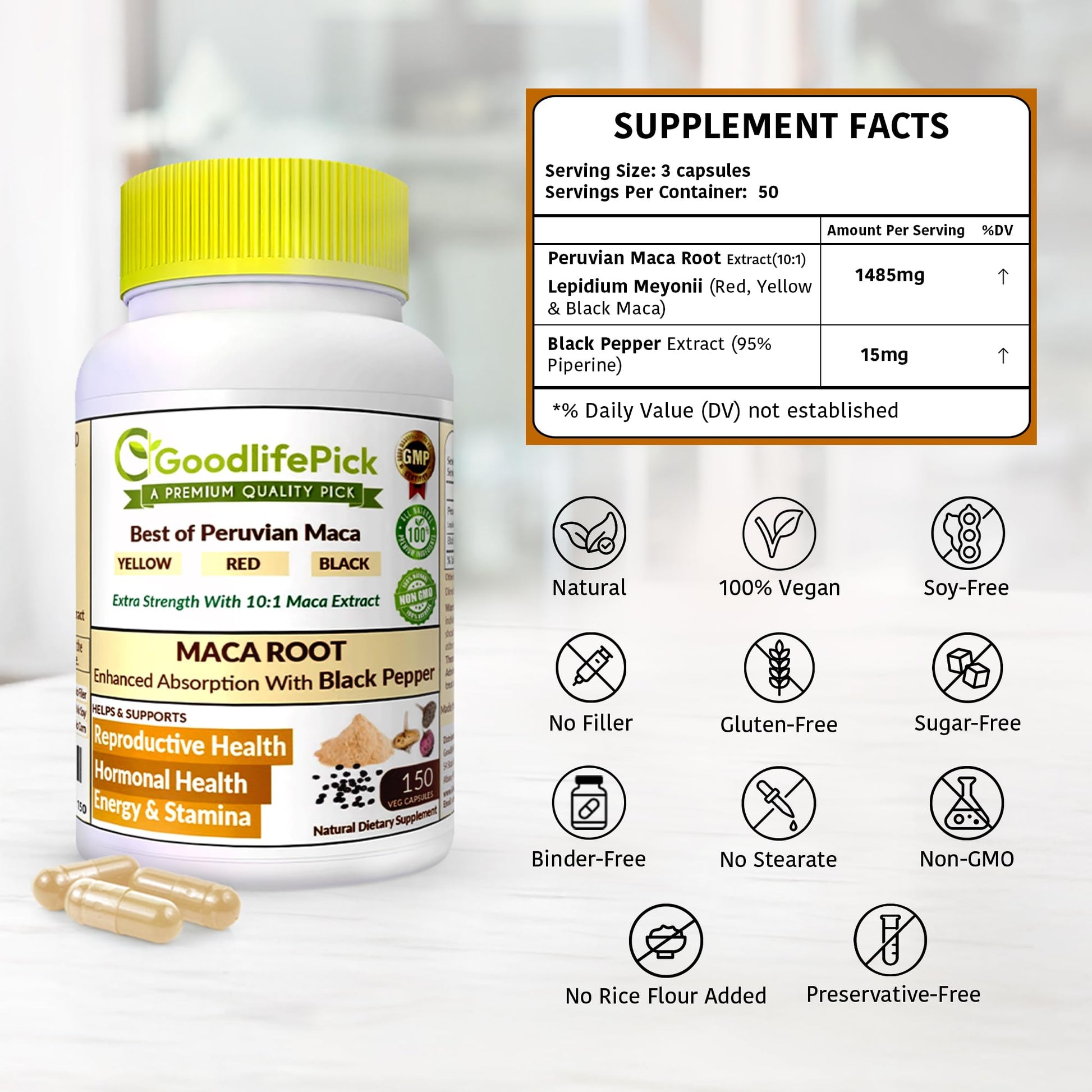 Peruvian Maca Root Capsules 150 ct. Powerful Maca Blend of Yellow Red & Black Maca Root with Black Pepper. All Natural NonGMO Vegan No Stearate No Rice Powder No Silica No Filler GoodlifePick Au supplements