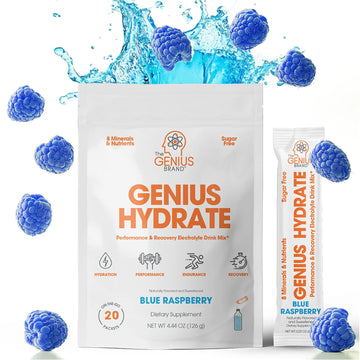 The Genius Brand - Genius Hydrate Stick Pack Powder Drink Mix – Blue Raspberry Flavor, Natural Electrolyte Booster with Coconut Water & Potassium for Ultimate Hydration - 20 Packets The Genius Brand Au supplements