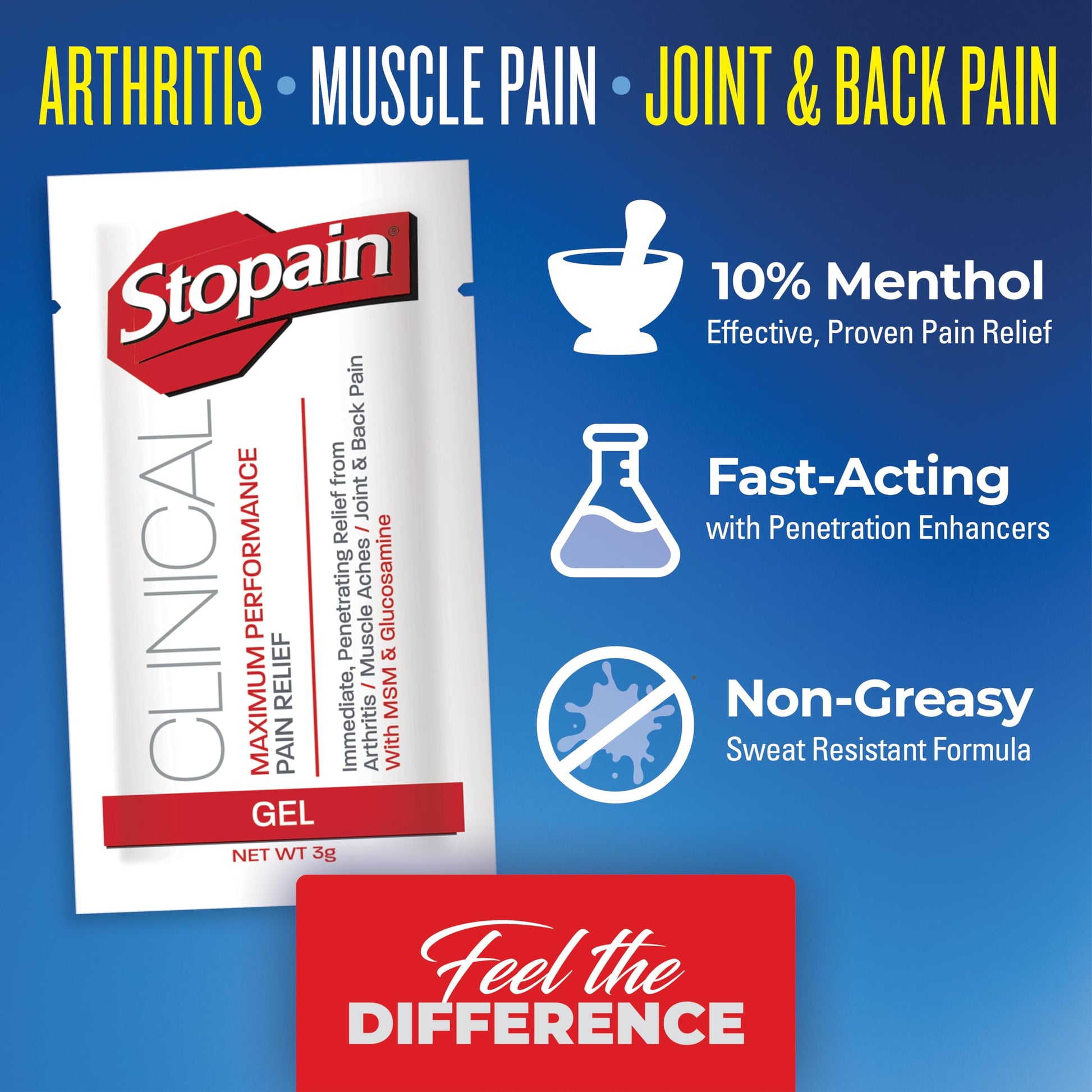 Stopain Pain Relief Clinical Gel Packets, 50 Pack, Made in USA, Maximum Performance Pain Relief with 10% Menthol Plus Glucosamine for Muscle Aches, Joint Pain, and Arthritis Stopain Au supplements