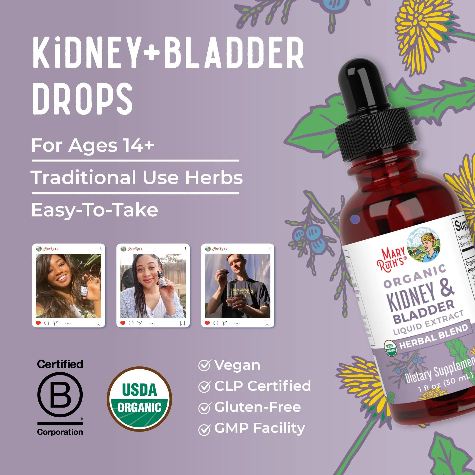 MaryRuth Organics Herbal Supplement Drops | Support Renal & Urinary Systems | Juniper Berry | Cleavers | Dandelion | Hawthorn | Horsetail & Chanca Piedra | Vegan | Non-GMO | 1 Fl Oz MARYRUTH'S Au supplements