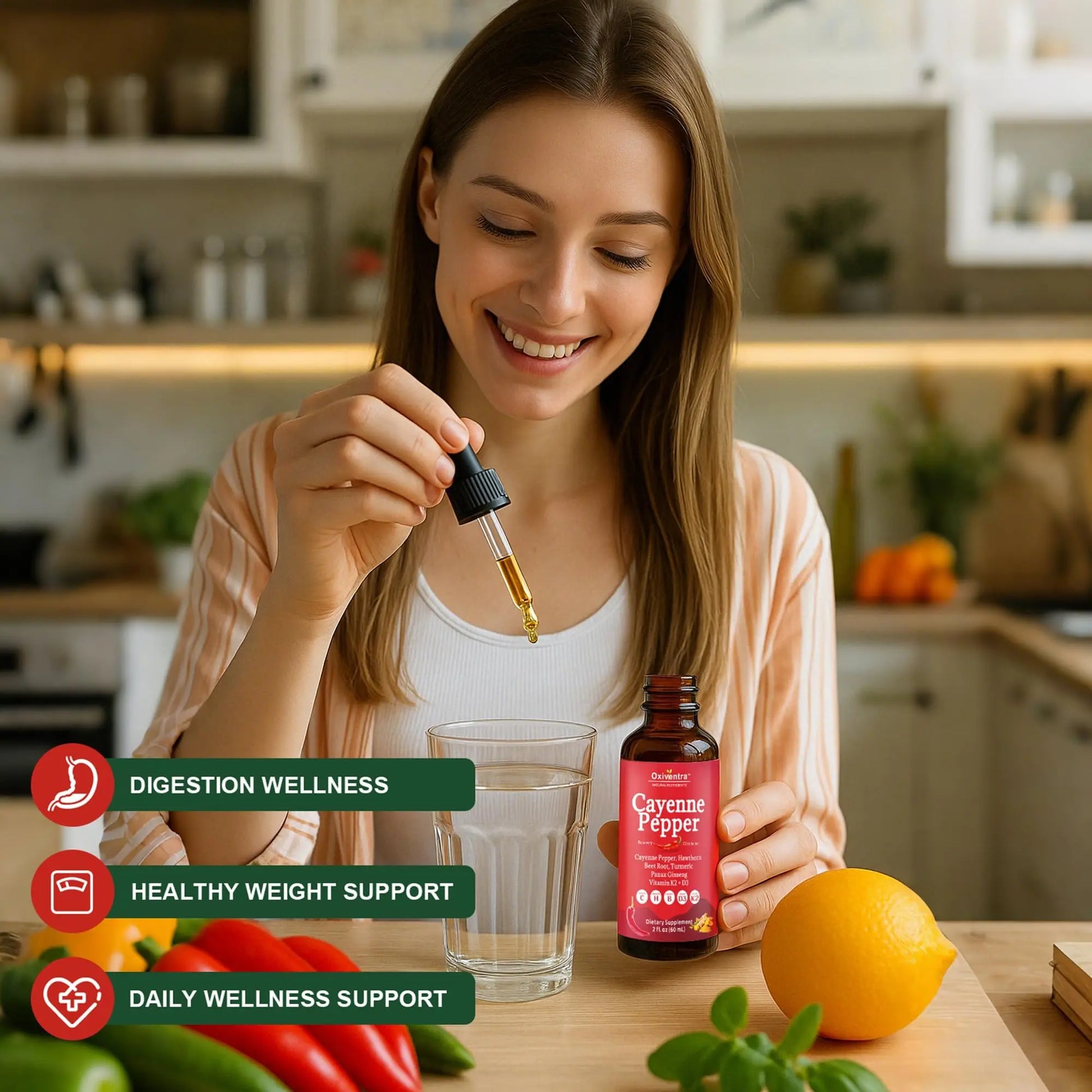 Cayenne Pepper Drops Liquid Supplement Smooth & Sweet Herbal Liquid + Hawthorn Berry, Vitamin D3 K2 Beet Root Powder, Ceylon Cinnamon, Turmeric Curcumin, Organic Panax Ginseng - 2fl oz Oxiventra Au supplements