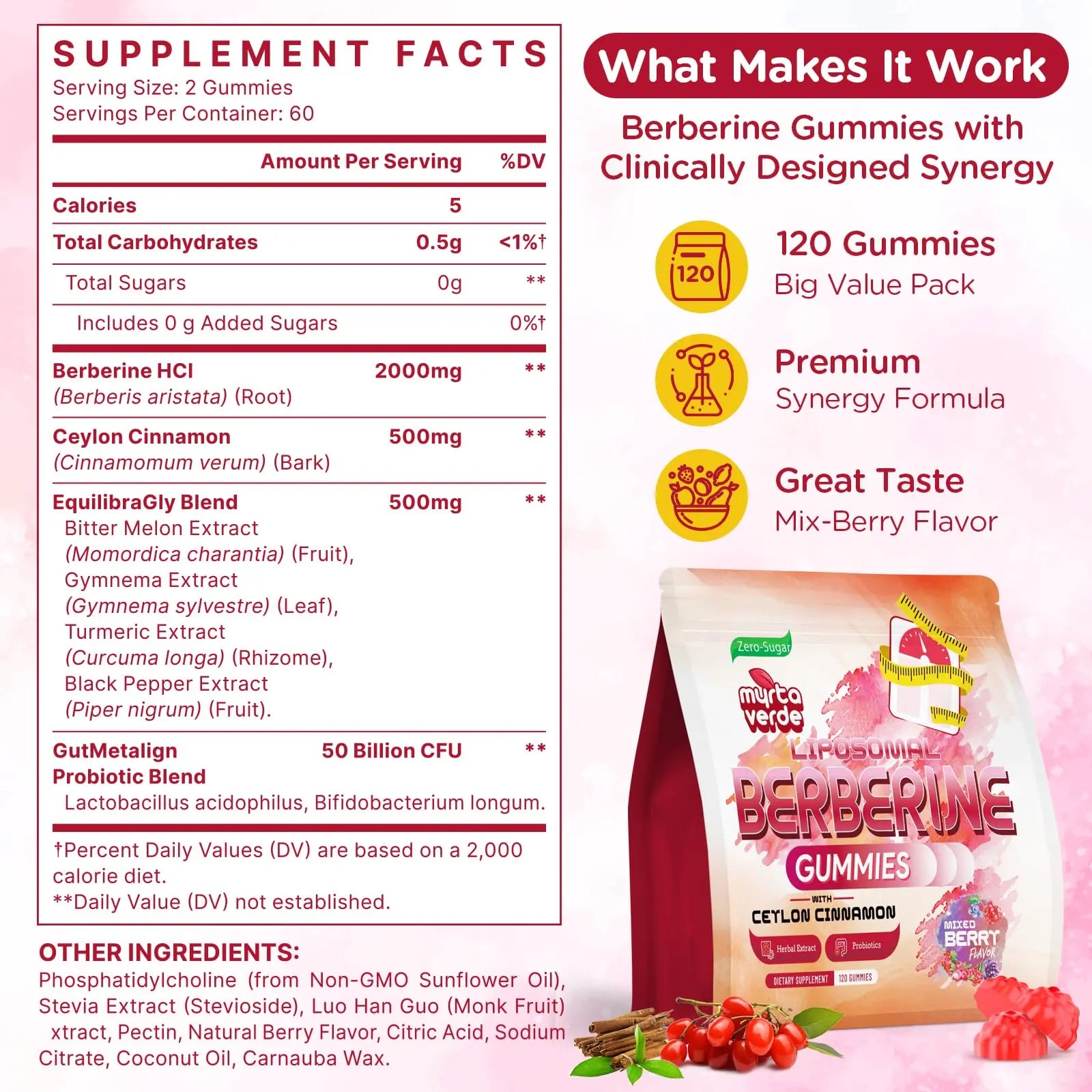 2000mg Liposomal Berberine Supplement Gummies | High Potency Berberine HCI Activates AMPK with Ceylon Cinnamon | Advanced Absorption | Zero Sugar Mixed-Berry | 120 Count Myrtaverde Au supplements